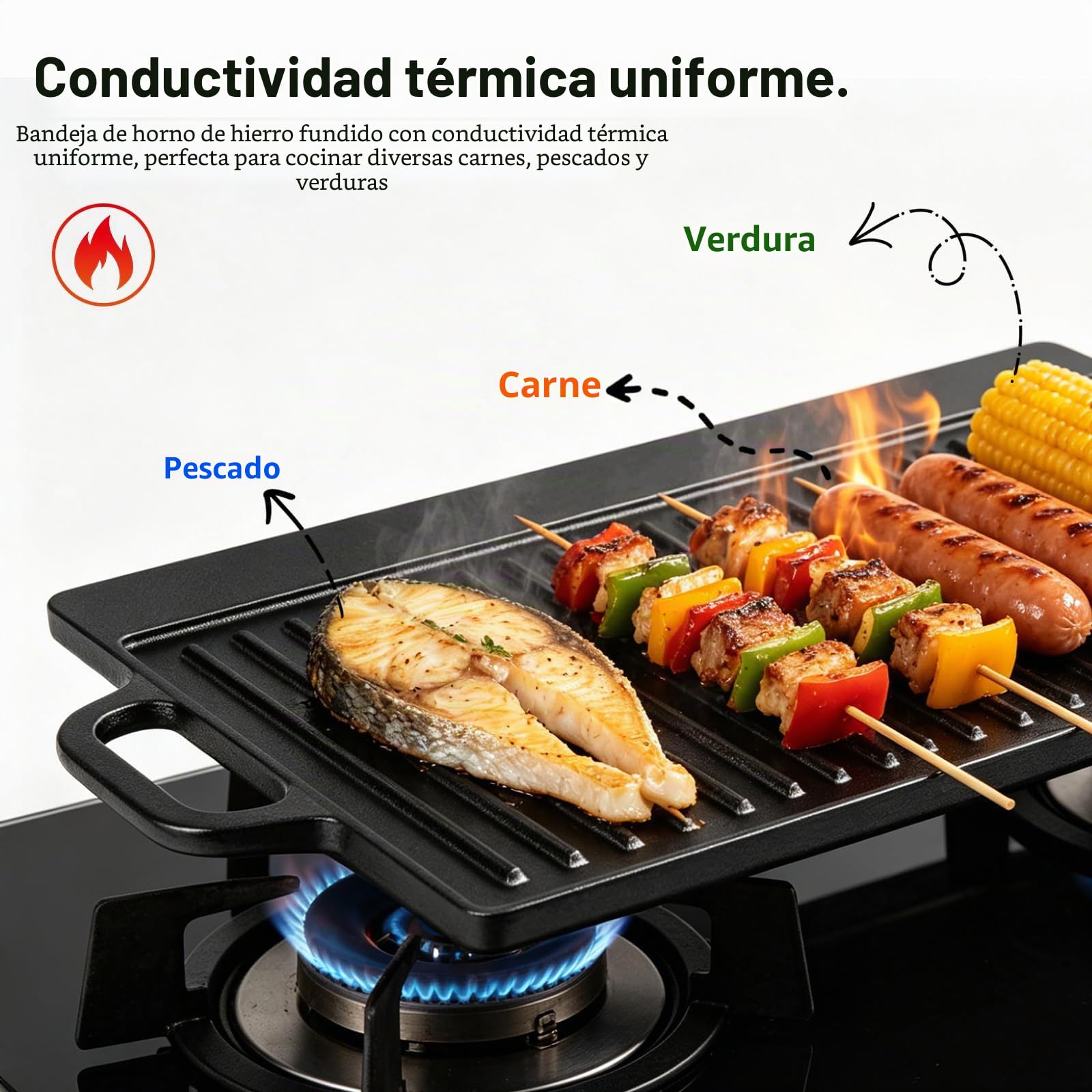 Plancha de hierro fundido 32ª, 46 x 23 cm | Superficies planas y estriadas de doble cara, aptas para cocinas de gas, eléctricas y de inducción