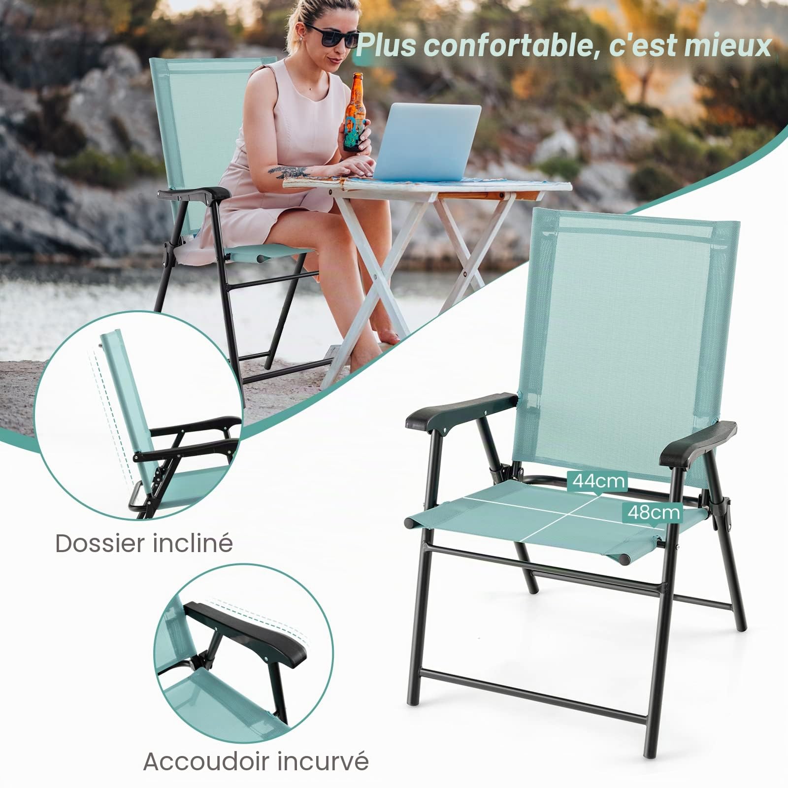 KOMFOTTEU Chaises Pliantes, Chaises de Table à Manger de Jardin, Charge de 150 kg, Chaises d’Extérieur en Tissu avec Dossier, Résistantes aux intempéries, pour Balcon, Patio (Lot de 2, Vert Menthe)
