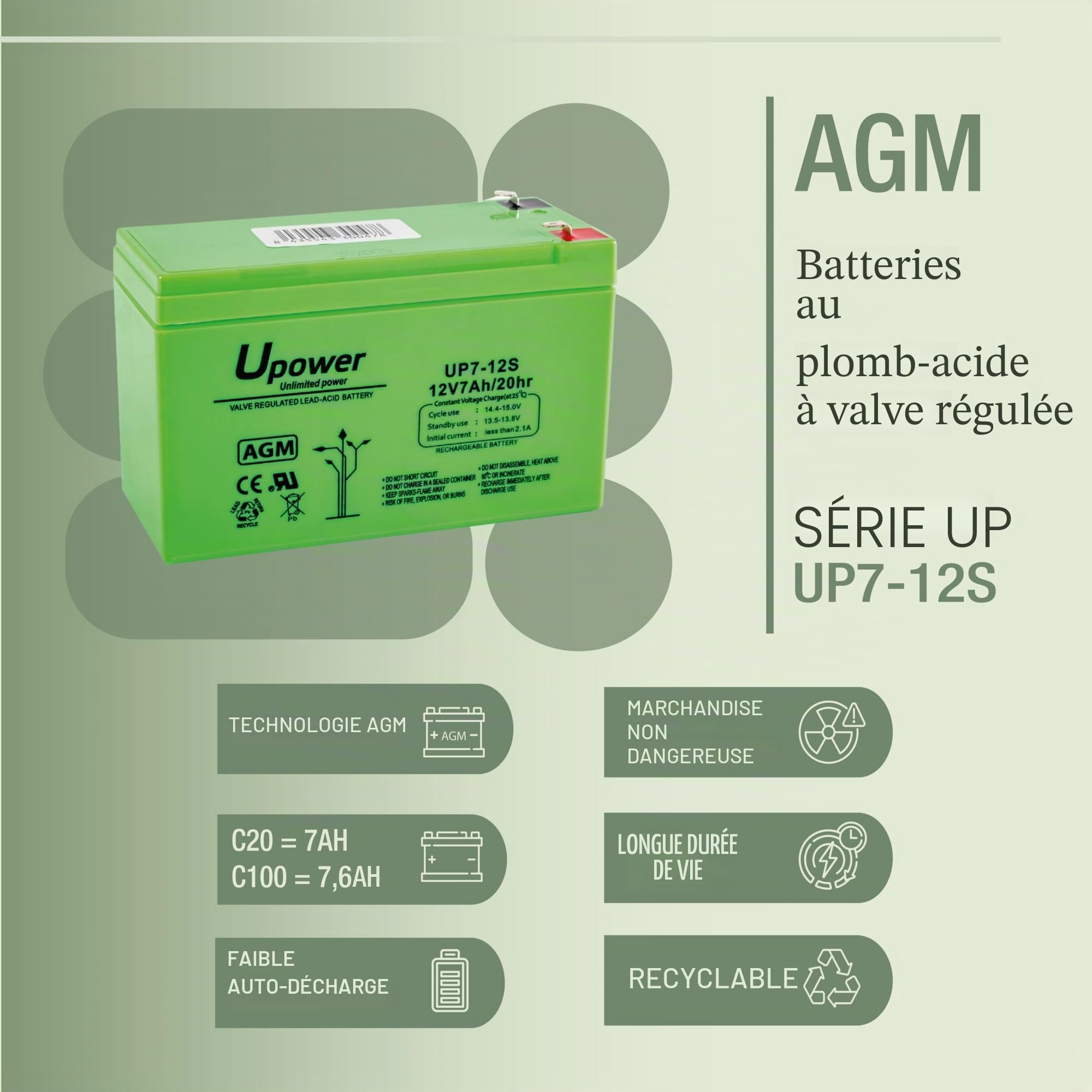 Batería U-Power Plomb AGM 12V 7Ah F1 4,8mm