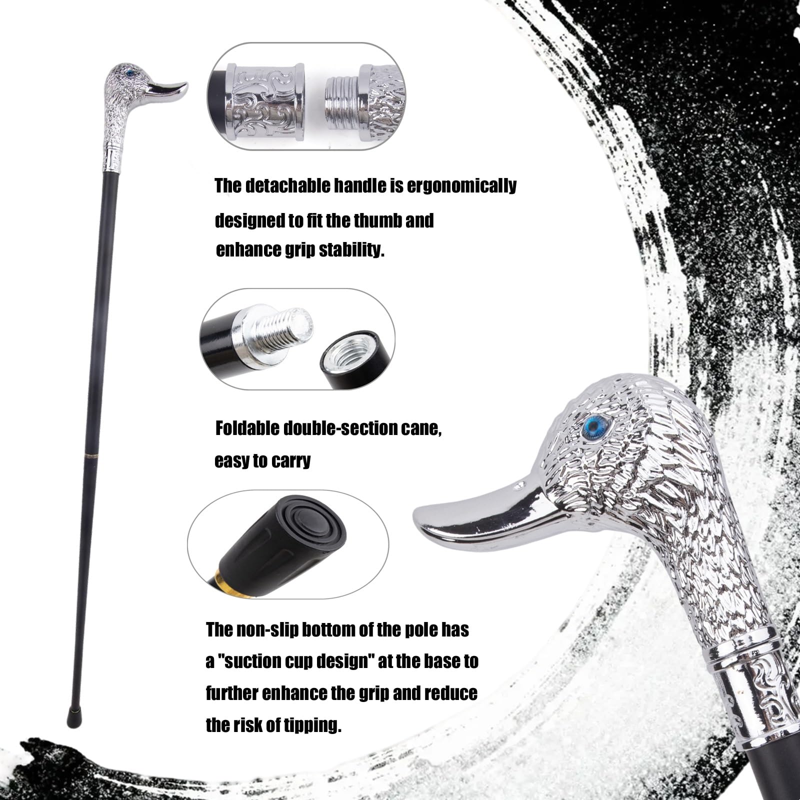Silver Duck Gentleman Head, zdejmowana dwuczęściowa antypoślizgowa laska dla seniorów, idealna na piesze wycieczki lub dekoracje imprezowe, 94 cm (37 cali)