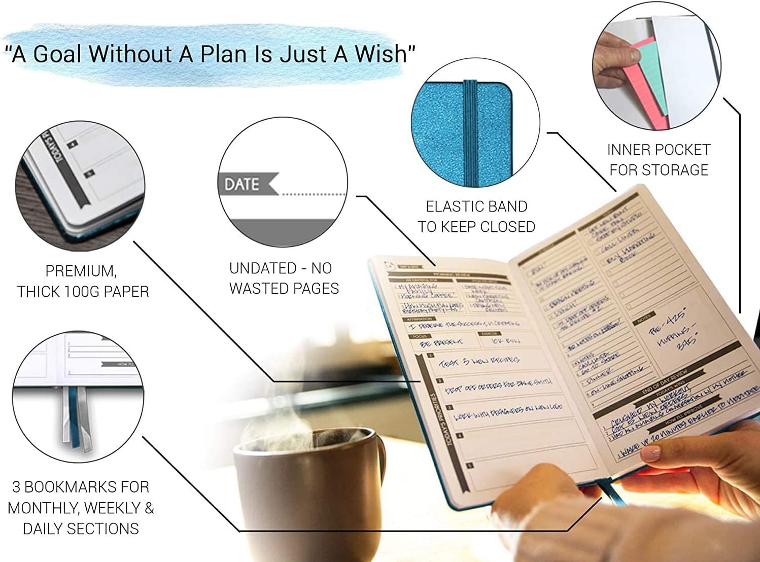 Blue Undated 90 Day Planner - Daily Planner with Spring Sticky Notes by Panda Planner - Organizer Planner and Sticky Notes for Productivity