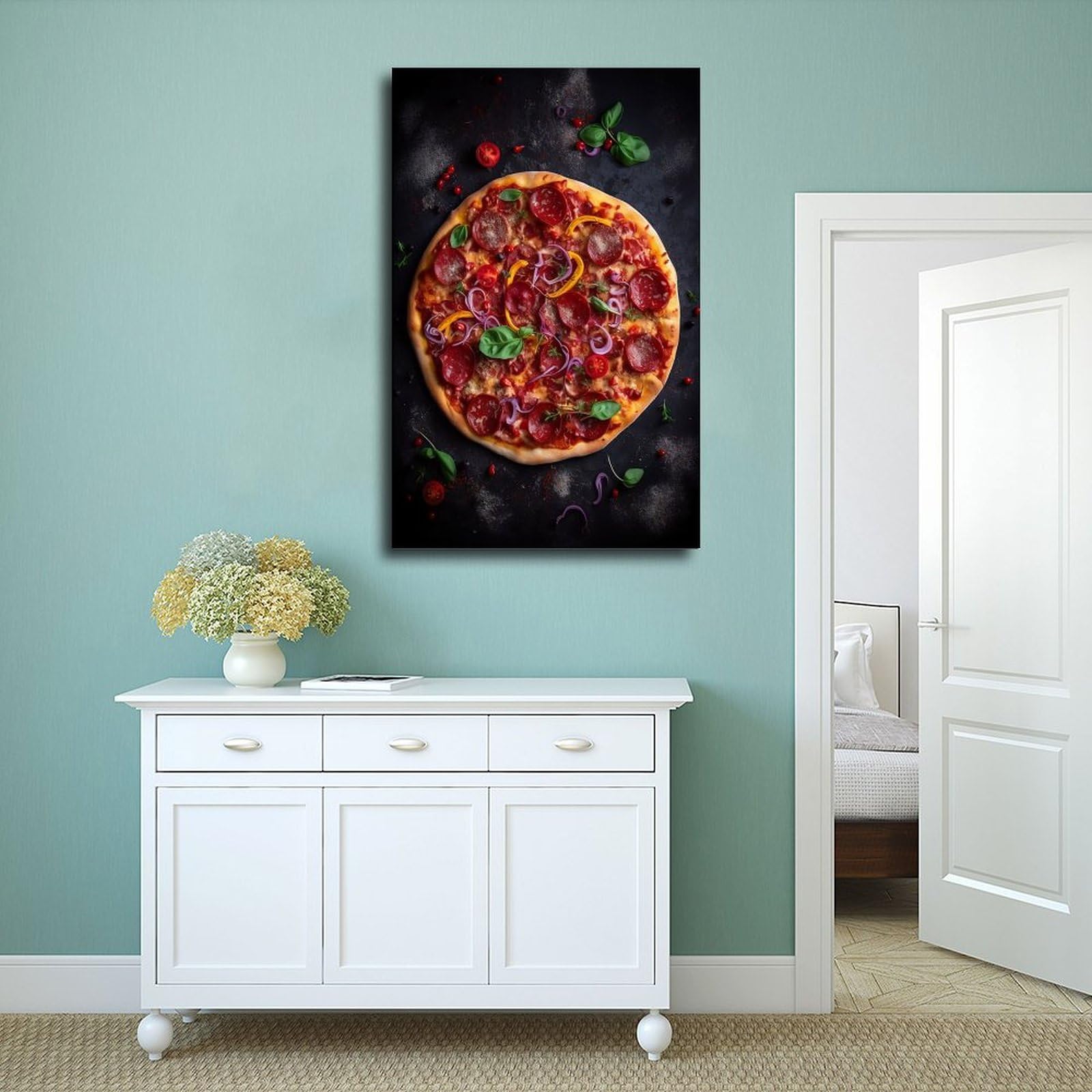 GIEIG Kunstdruck für Küche, Restaurant, Essen, leckere Salami, Pizza, Poster, Druck für Teenager, Jungen, Zimmer, Leinwand, Wandkunst, Leinwand, Gemälde, Druckrahmen, 40,6 x 61 cm
