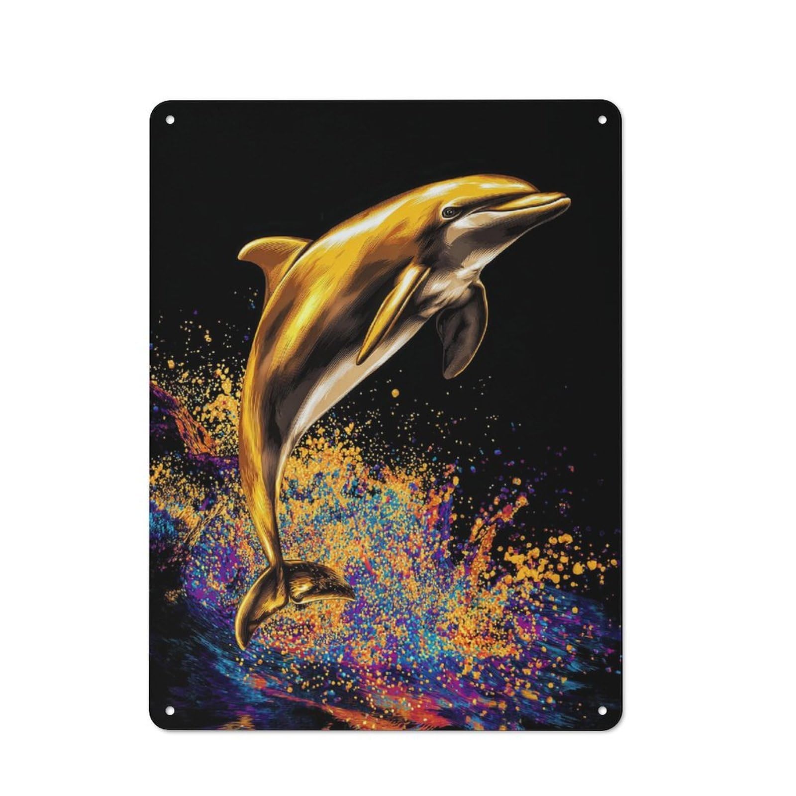 Junmoney Golden Dolphin Splash Artwork-2 Rustic Metal Sign 40X30cm For Café Or Restaurant, Suited To Café Owners And Decorators