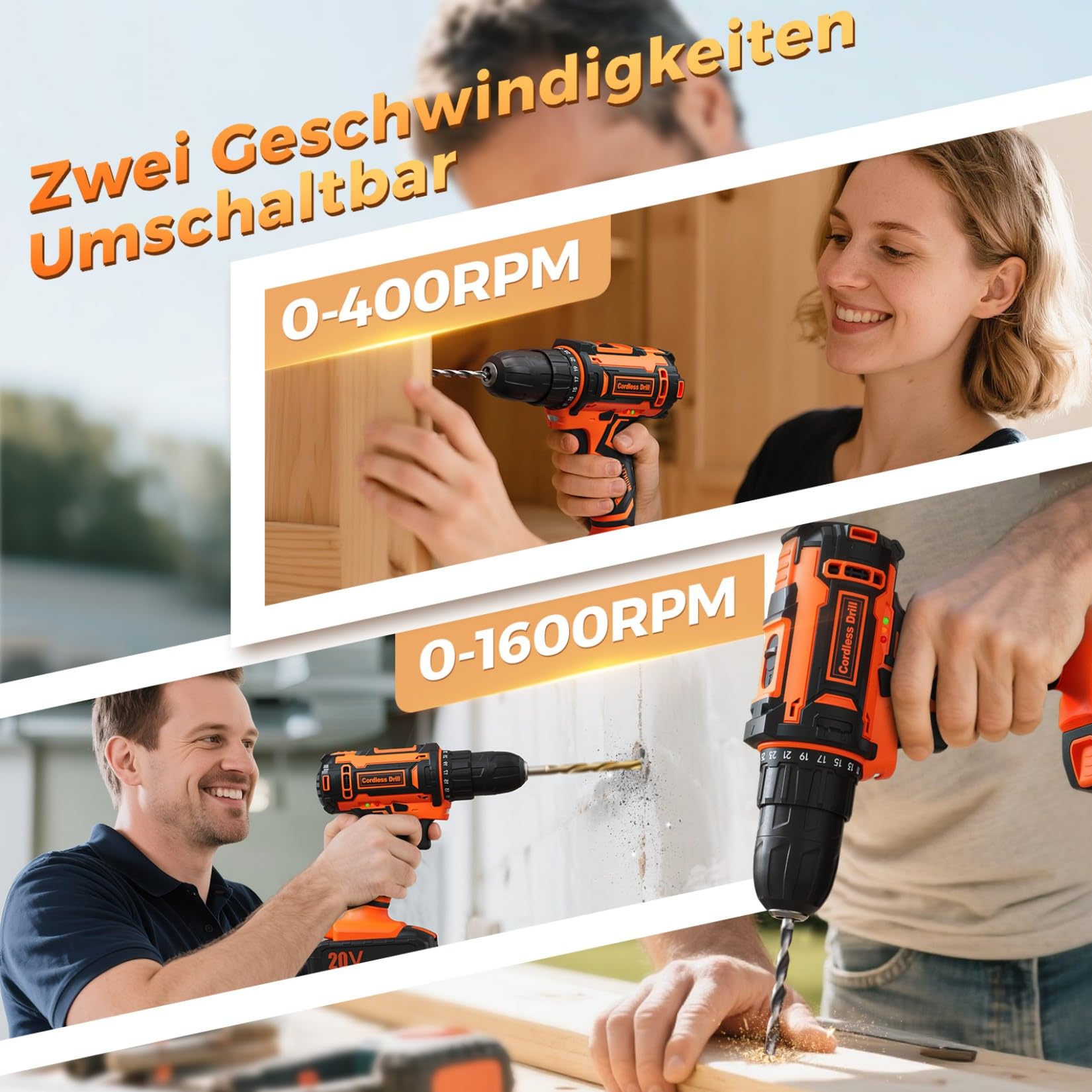 Akkuschrauber mit 2 Akkus 2.0Ah, 20V Akku Bohrschrauber Set, 2-Gang Akku Bohrmaschine, 25+1 Drehmomentstufen Akkubohrer, 42Nm Max, 10mm Bohrfutter, 24 Teiliges, LED-Licht, Für Reparatur & DIY