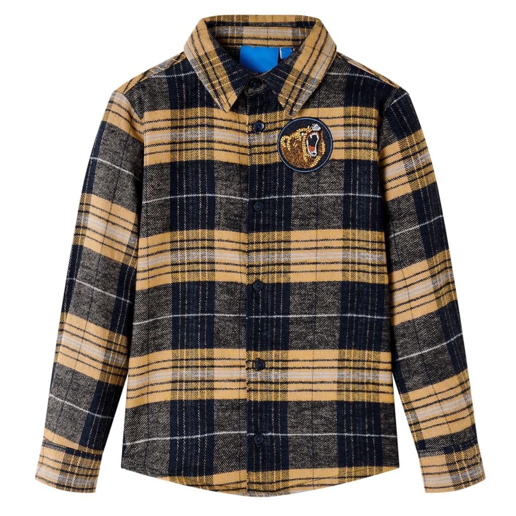 Camisa infantil a cuadros amarillo y negro de 100% algodón con cuello puntiagudo, mangas largas, parche bordado de oso, filas de botones, transpirable y cómoda para el día a día de los niños