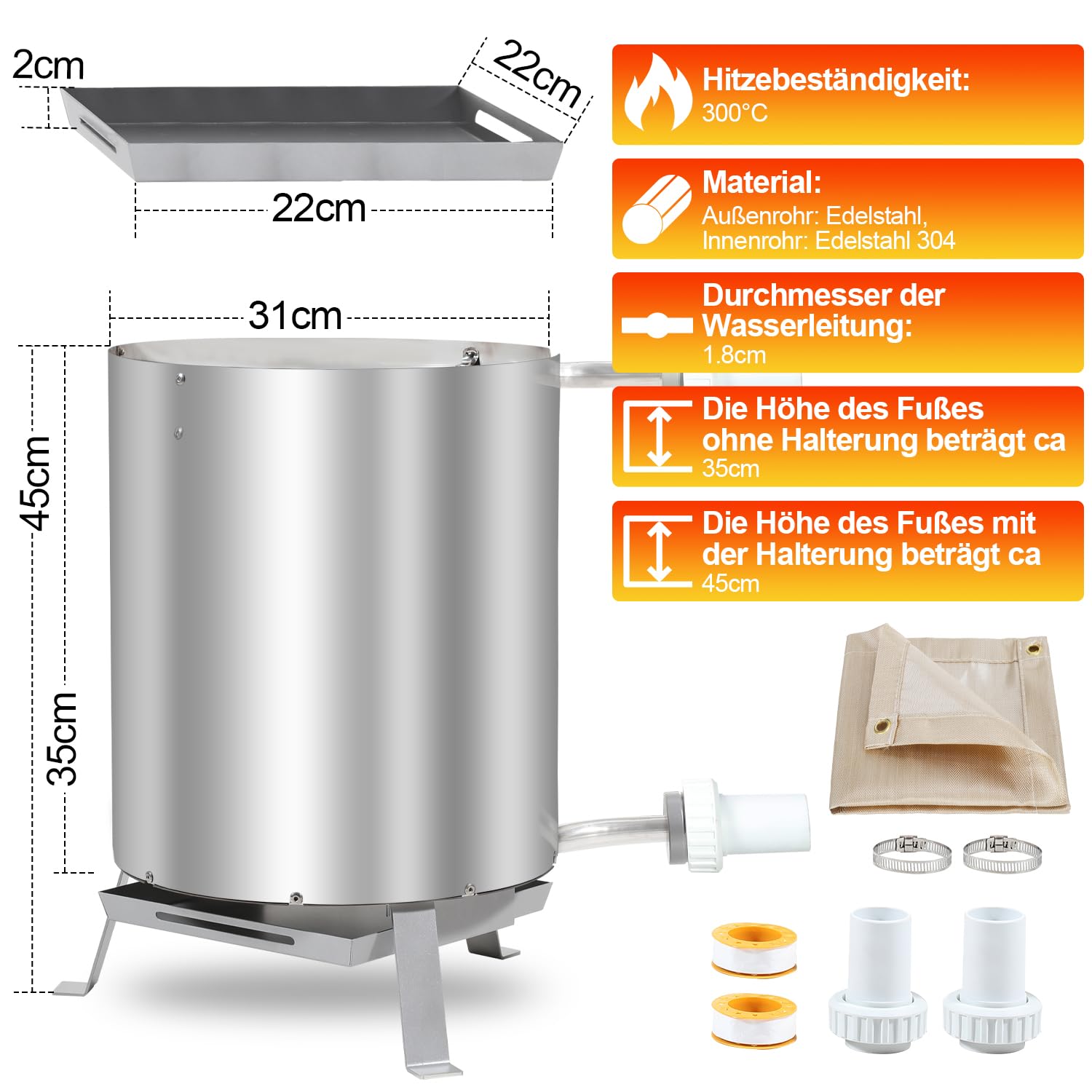 Gimisgu Riscaldamento per Piscina con Fuoco, Serbatoio per Piscina con Spirale riscaldante, 100% Acciaio Inox, Riscaldamento per Piscina con connettori da 32/38 mm