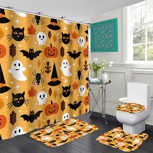 Juego de 4 cortinas de ducha de Halloween naranja divertidos murciélagos fantasmas con alfombra de baño, tapete en forma de U, cubierta de tapa de