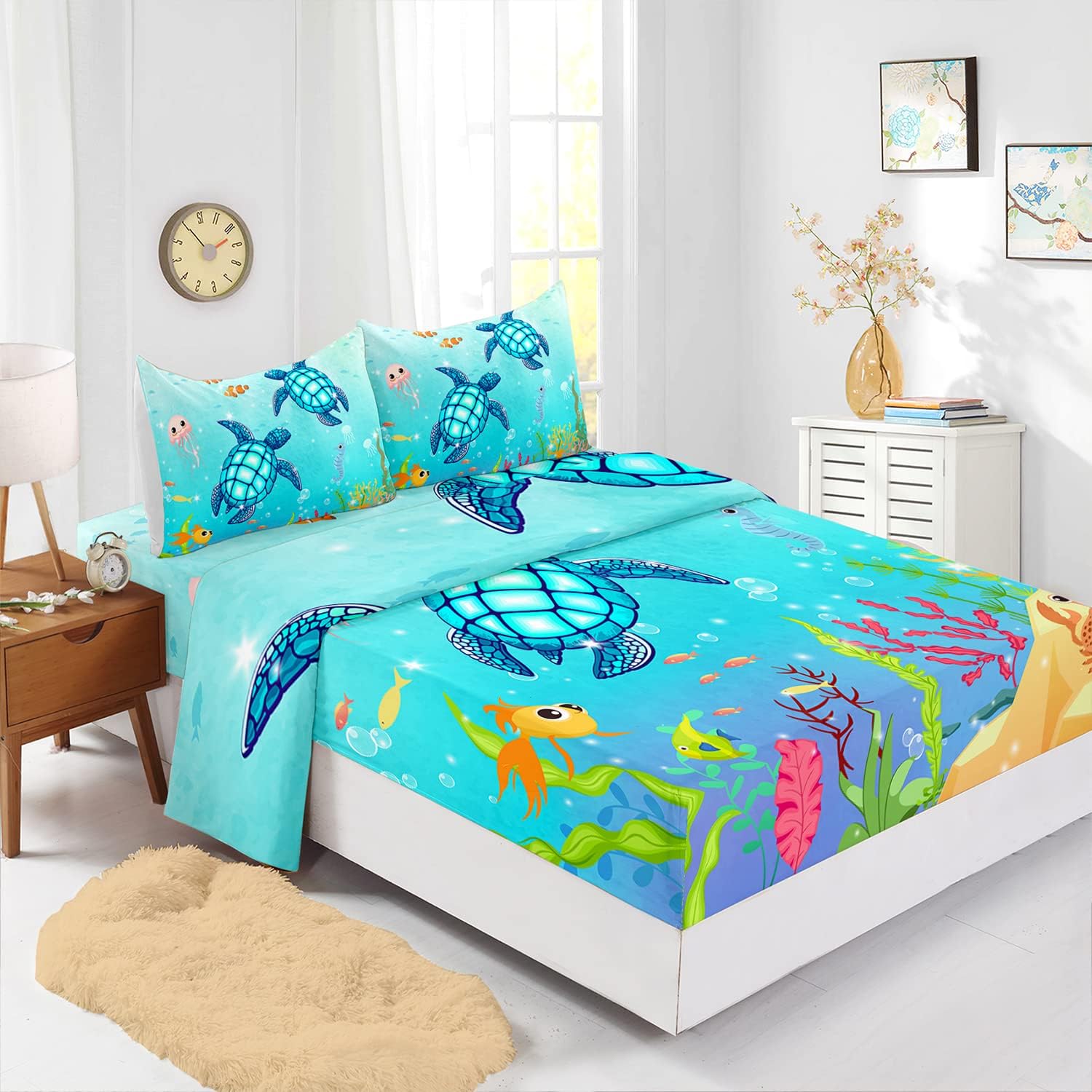 Sea Turtle Fitted Sheet Cartoon Turtle Bed Sheets Reptile Sea Animals Wildlife Bed Cover for Teens Adult Includes 1 Fitted Sheet,1 Flat Sheet,2 Pillowcases