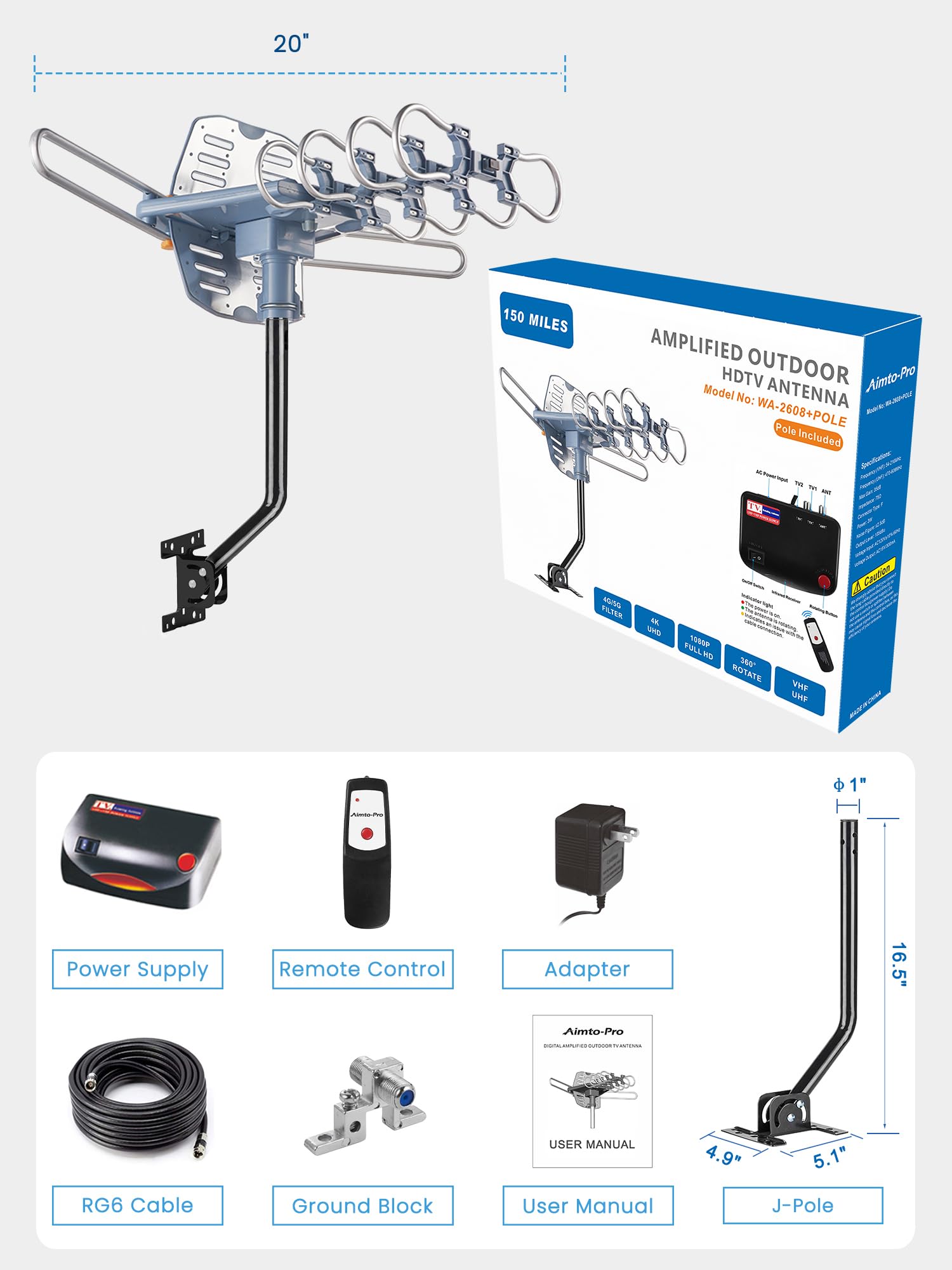 Antena de TV digital amplificada para exteriores Smart TV-150 millas de largo alcance, rotación de 360 grados, compatible con 2 televisores 8K 4K 1080p HDTV, filtro integrado 4G 5G LTE
