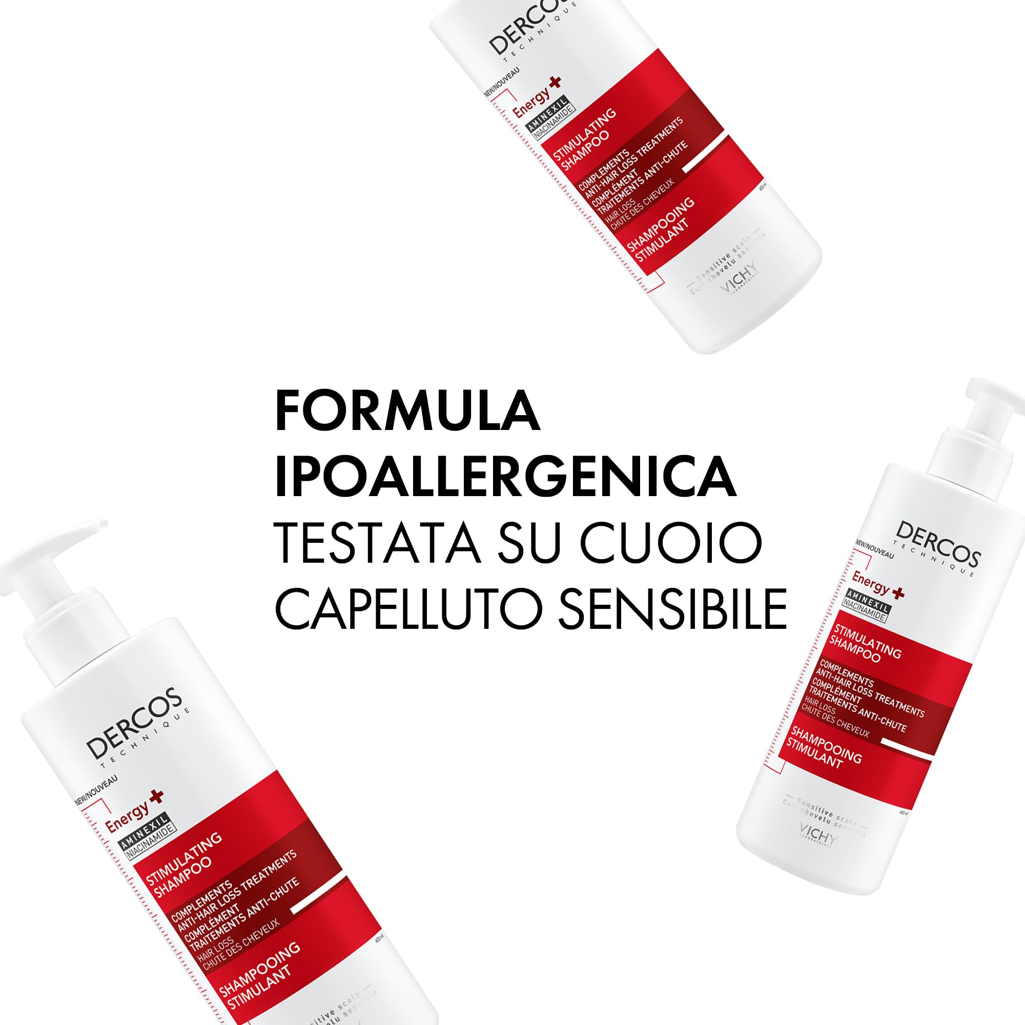 Vichy Dercos, Shampoo Energizzante, Per Tutti i Tipi di Capelli, Azione Anti-Caduta, Capelli Sani e Forti, Arricchito con Aminexil e Niacinamide