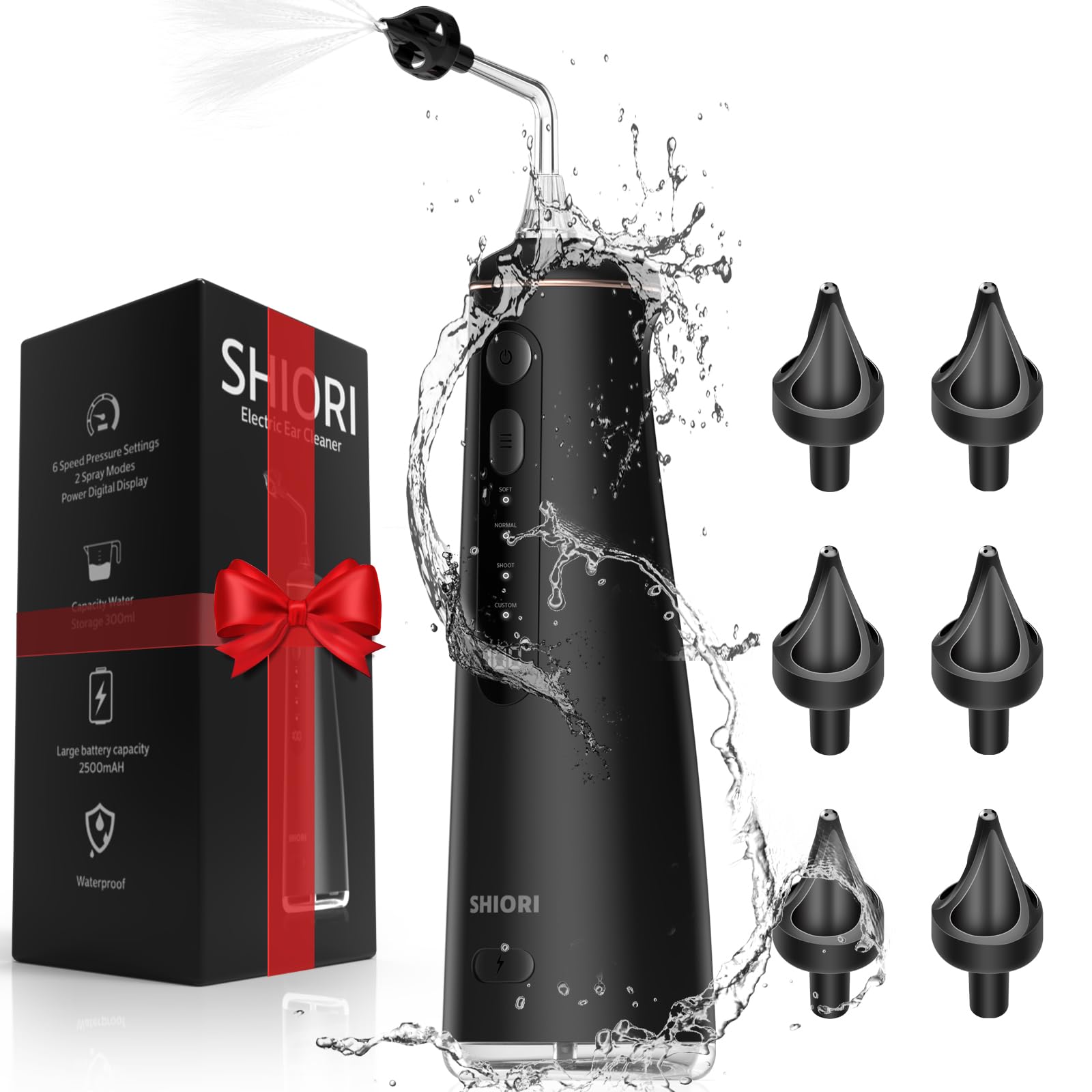 Ear Cleaner Ear Wax Removal Kit Ear Cleaning Irrigation Kit with 9 Cleaning Modes Safe &Effective for Earwax Buildup Rechargeable Ear Flushing System Tool with Basin and 6 Tips by SHIORI (Black)