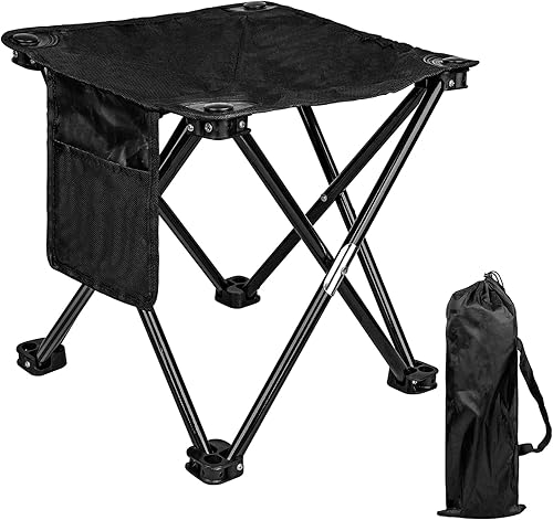 ReeMoo Taburete de campamento, pequeño taburete plegable portátil con bolsillo lateral y bolsa de almacenamiento, fácil de plegar y almacenar,