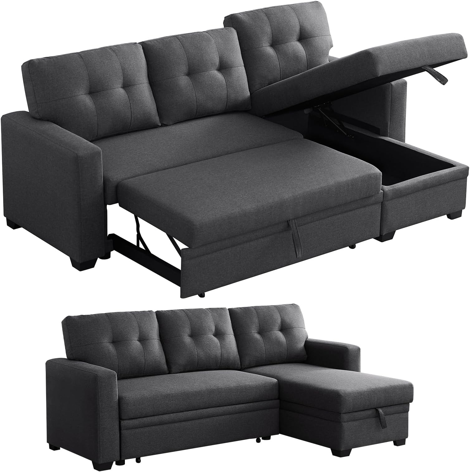 L Shaped Couch with Pull Out Bed Chaise Lounge for Home Living Room, Dark Grey
