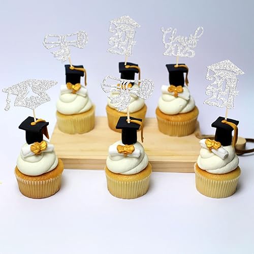Miniatura 6 de 24 adornos para cupcakes de graduaciÃ³n 2023 con purpurina para la clase de 2023, tapa de graduaciÃ³n, diploma de felicitaciones para cupcakes,
