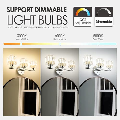 Miniatura 5 de CT CAPETRONIX Lámparas de baño de 3 luces, luces de tocador de cristal de 16 pulgadas, lámpara cromada sobre espejo, para baño, dormitorio, sala de