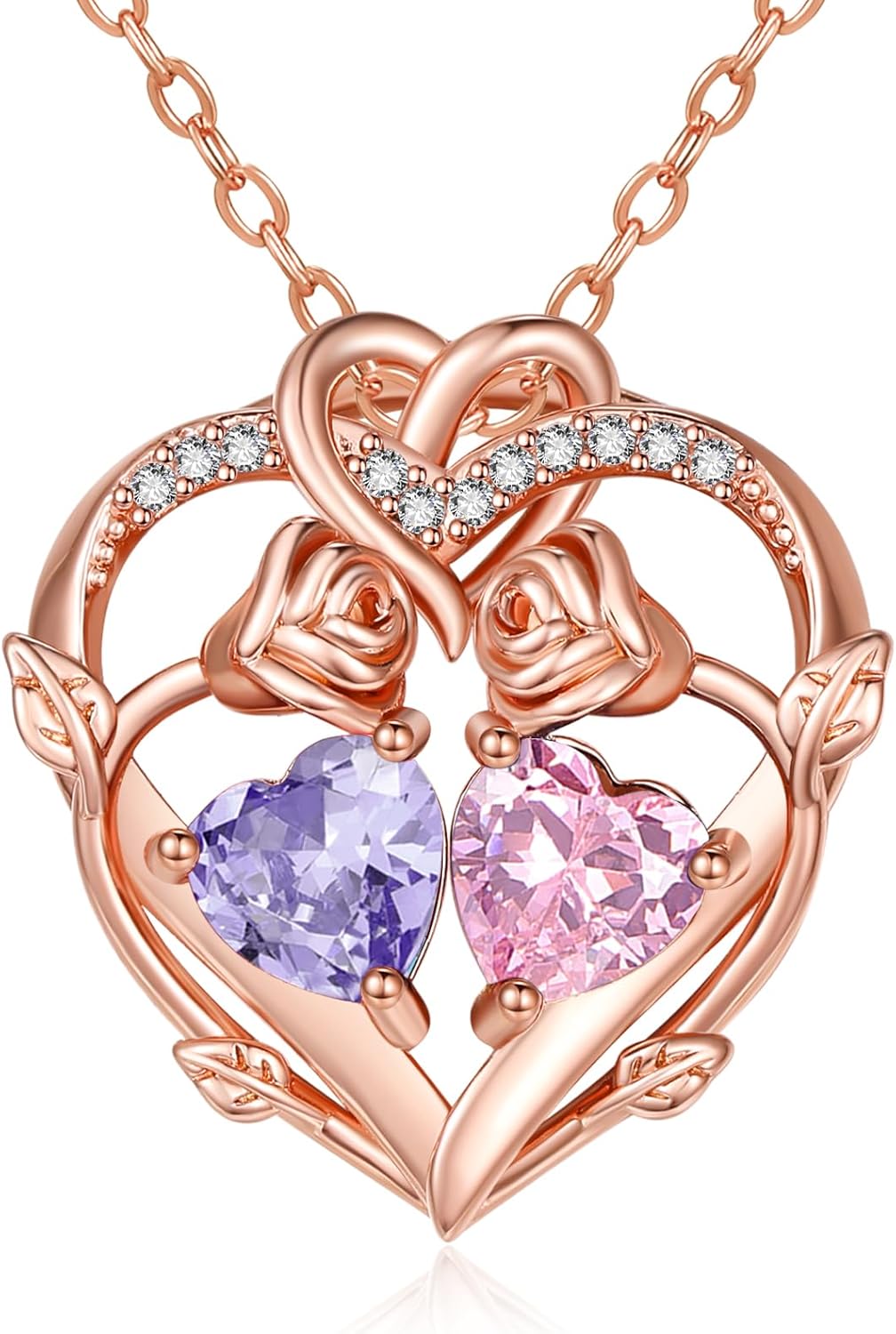 JIYVY32 Rose Gold Necklaces for Women Double Birthstone Rose Flower Heart Pendant Necklace Jewelry Anniversary Christmas Valentine's Mother's Day Birthday Gift for Wife Mom Her Girlfriend Sister