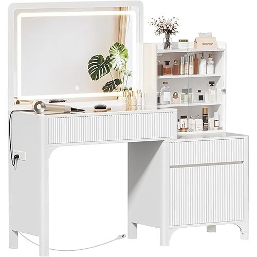 PRAISUN 55'' Large Makeup Vanity Desk with 35.4'' LED Mirror & Power Outlets, Painted Surface White Vanity with Glass Top, 3 Drawers and Cabinet, Fluted Big Vanity Table