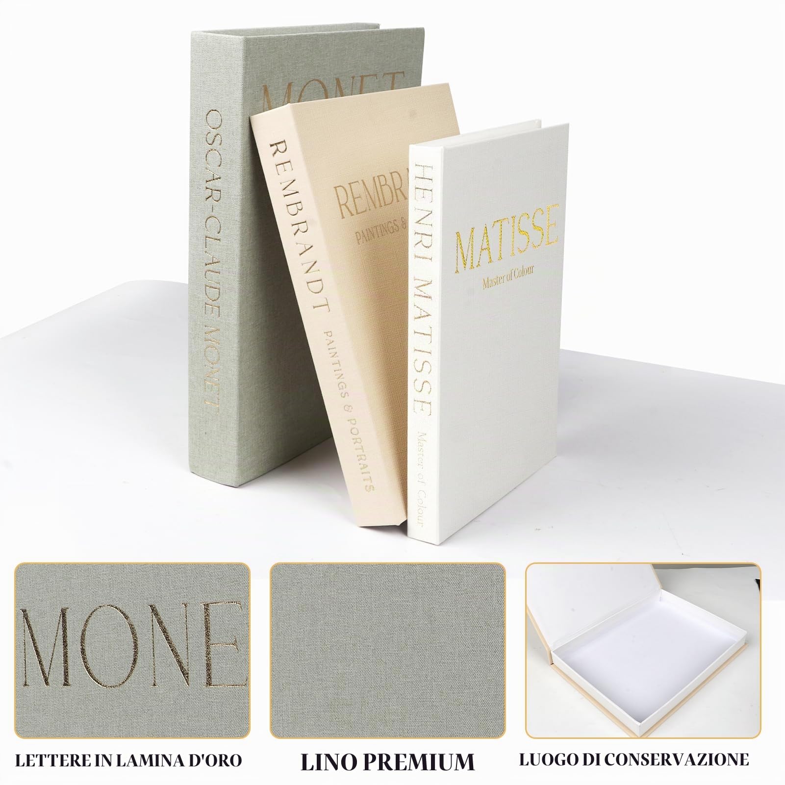 Tefola Set di 3 libri decorativi, set di libri falsi, scatola portaoggetti in lino finto per libreria, tavolini da caffè, decorazioni per la casa