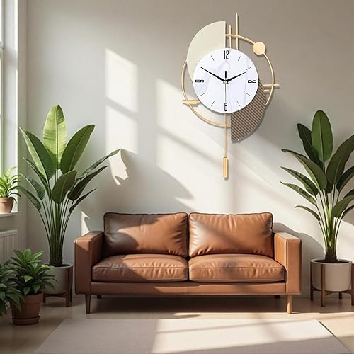 Miniatura 7 de FILLOVE Reloj de pared decorativo grande con péndulo para sala de estar, medio círculo blanco mate y rayas grises festoneadas, esfera de mármol