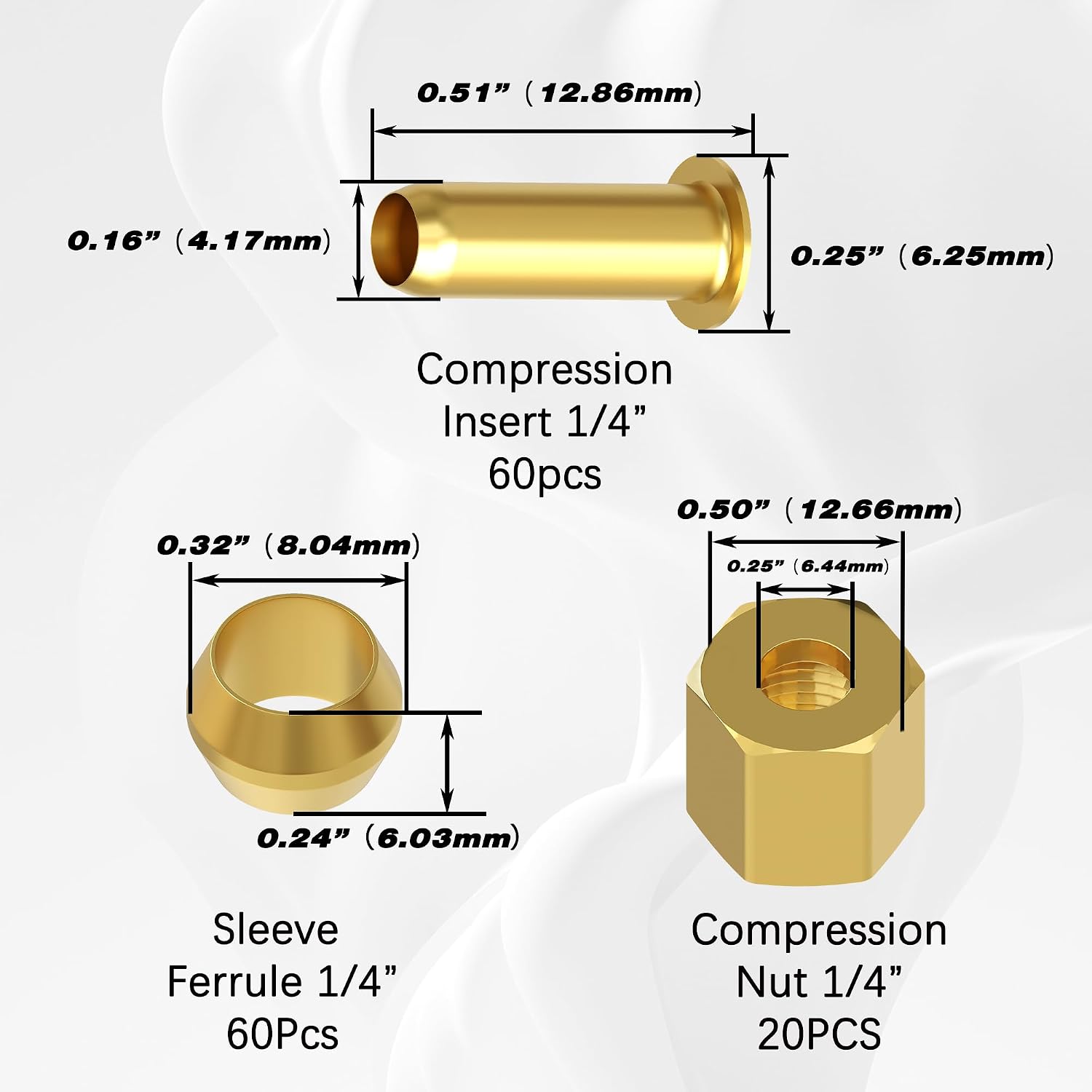 140PCS Brass Compression 1/4" Sleeve Ferrule, Insert and Nuts Kit | Compression Fittings Assortment kit ,Used to Connect Lines for Air,Water,Fuel,Oil and Inert Gases