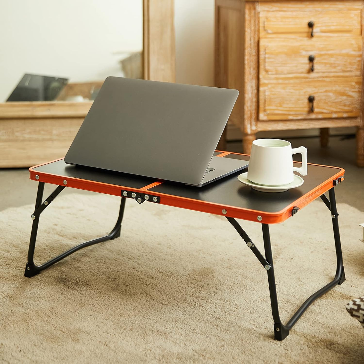 SUPERJARE Lap Table, Laptop Bed Tray Table with Foldable Legs, Bed Desk, Portable Mini Picnic Table, Folds in Half with Inner Storage Space-Orange