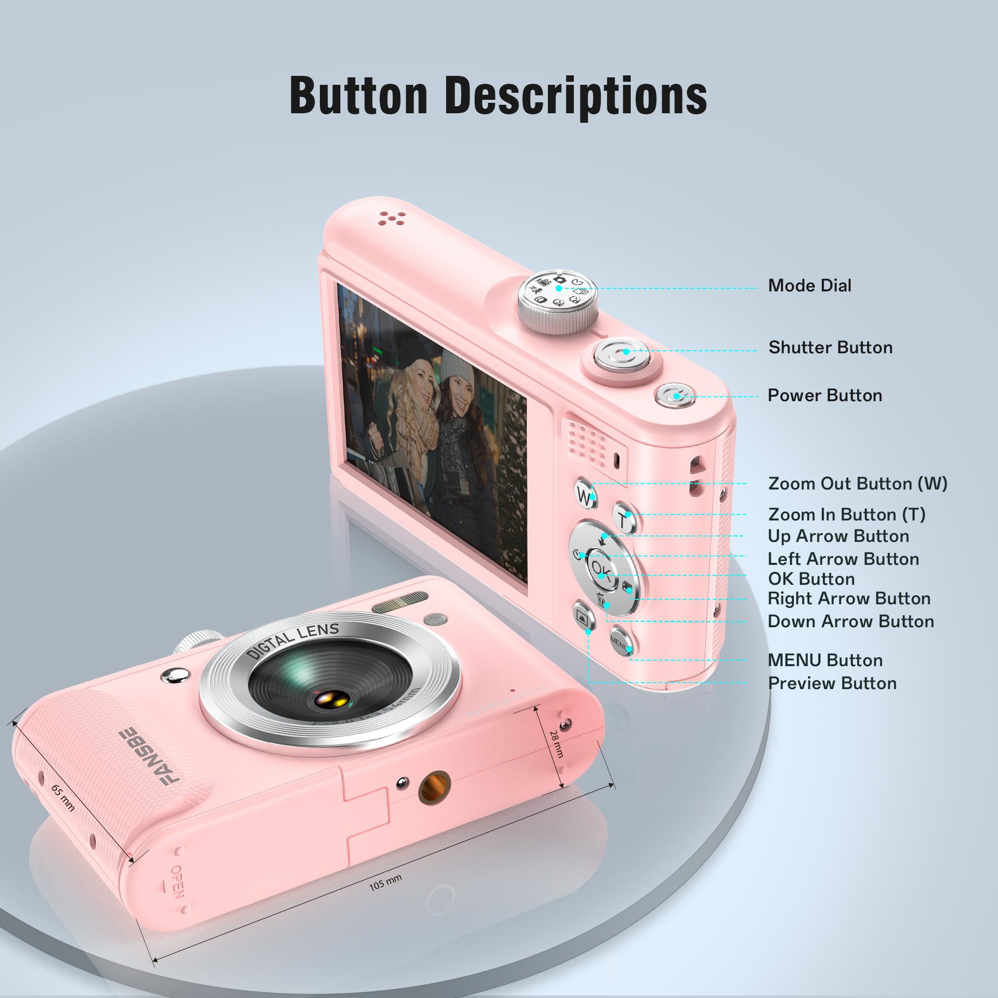 Fansbe Smart Fotocamera digitale, fotocamera 4K Vlogging con 64MP, fotocamera digitale Point e Shoot con zoom 18X, anti-shake, quadrante modalità, scheda SD da 32 GB, lettore di schede