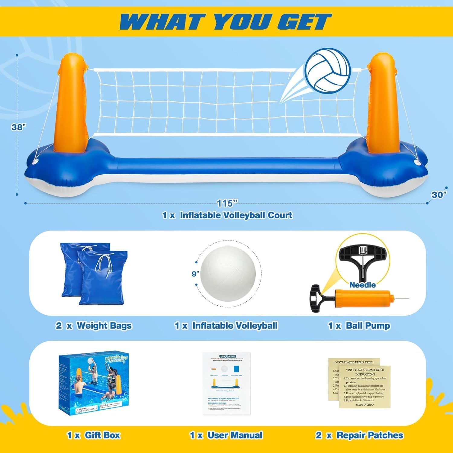 KIDDITOY Pool Volleyball Net, Pool Volleyball Set for Inground with Water Ball and Ball Pump, 2025 Swimming Pool Games for Adults, Perfect for Floating Pool Party Toys Games (115" x30’’x38’’)