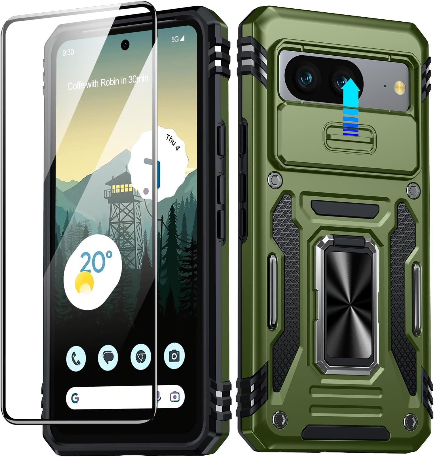 ANTSHARE for Google Pixel 8 Case, [16 FT Military Grade Drop Protection], Slide Cover [1*Screen Protector] [Camera Protection] Heavy Duty Shockproof Phone Case for Pixel 8, Olive Green