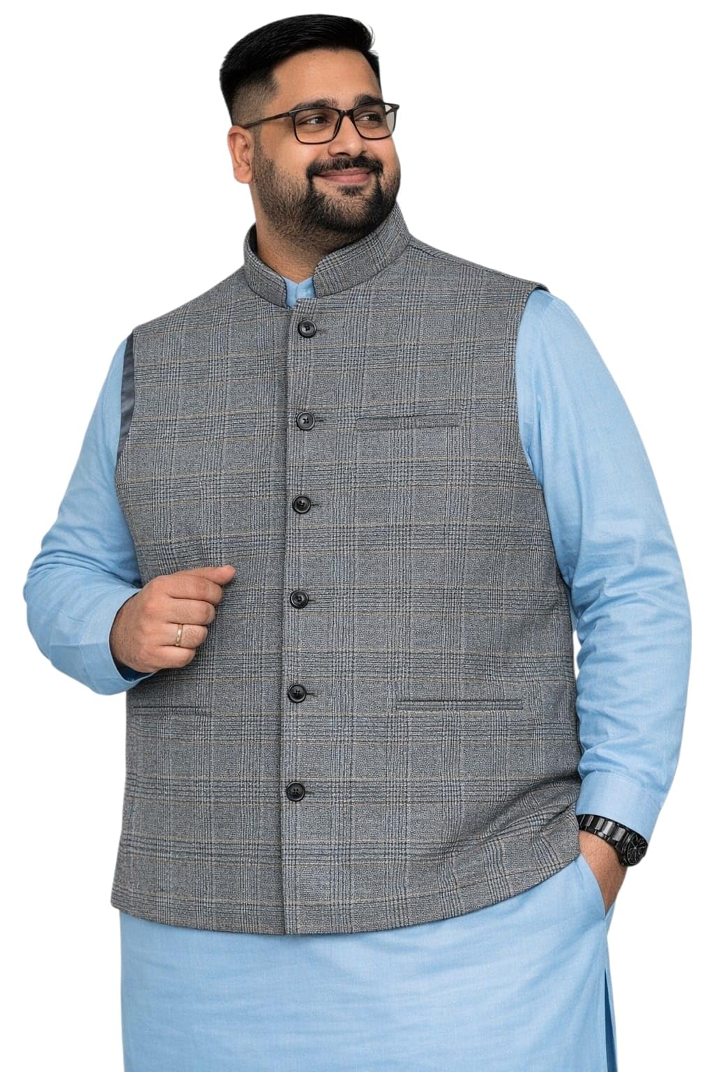 ifox lifestyle Men's Plus Size Nehru Jacket, Deep Grey Check, Cotton Blend Ethnic Waistcoat for Wedding, Party, and Formal Occasions-picture-24
