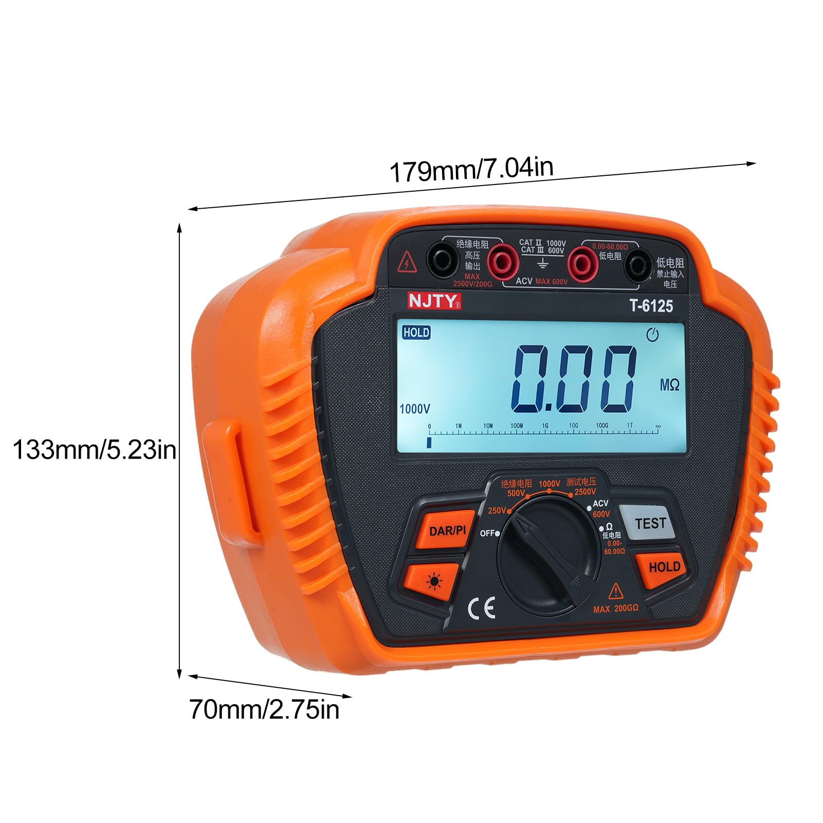 Megohmmètre Testeur de Résistance D'isolement 100V-2500V 0.01 MΩ ~ 200.0 GΩ Gamme Automatique avec Maintien des Données