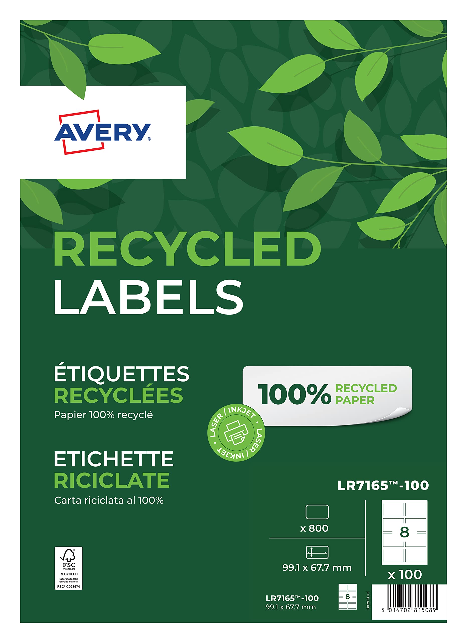 Avery Laser Recycled Address Label 99.1x67.7mm 8 Per A4 Sheet White