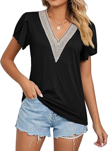 Miniatura 2 de WELINCO Camisetas básicas de verano para mujer, cuello en V, manga de pétalo, estilo casual