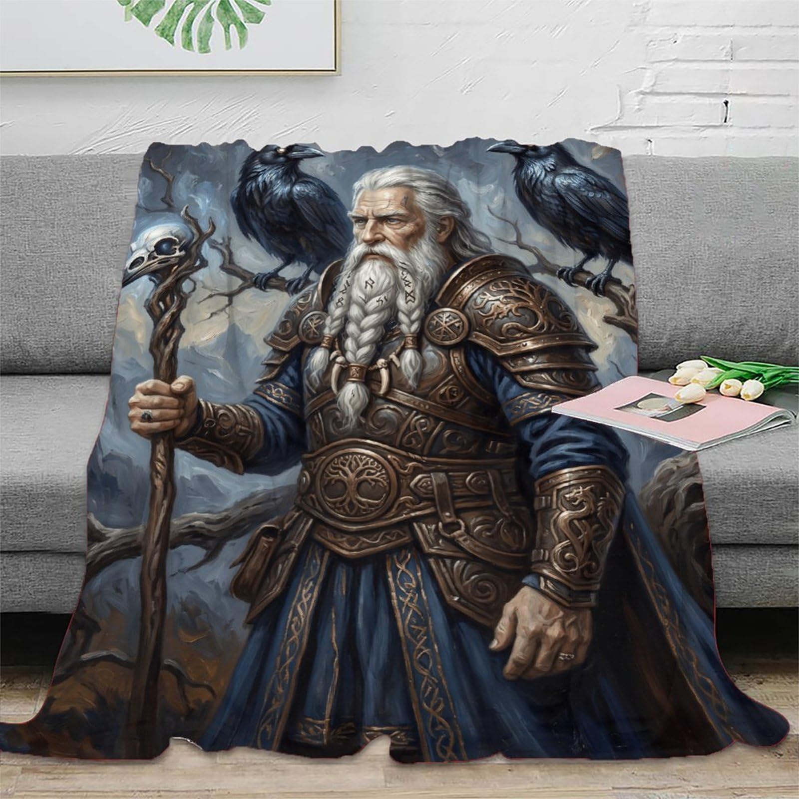 H3B8U2Y5 Norse Mythology Odin Throw Blanket, Flannel, Dark Nordic Fantasy
