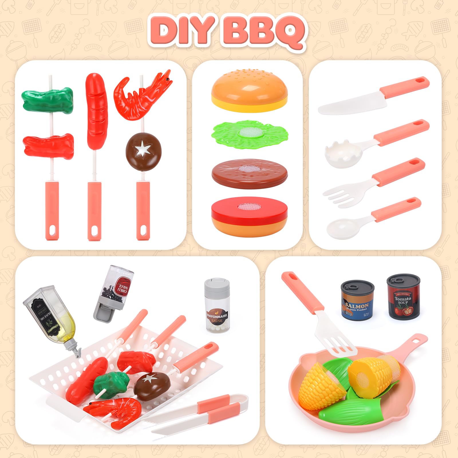 cute stone Barbecue pour Enfants avec Aliments changeant Couleur, Vaporisateur Brume fraîche, Sons et lumières Jeu de Cuisine d'extérieur avec poêle à Frire, sur roulettes pour Un déplacement Facile