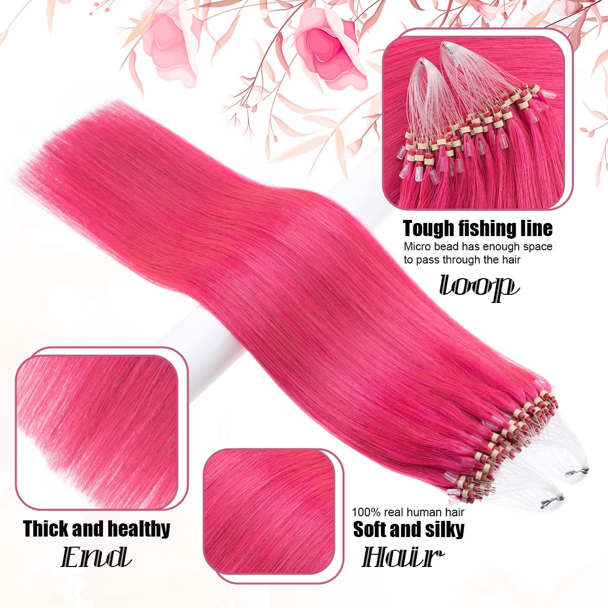 Micro Beads Hair Extensions Real Human Hair Brown Micro Loop Human Hair Extensions 18 Inch #Pink Straight Remy Human Hair Micro Link Hair Extension 1g/Strand 50g (#Pink, 18inch)