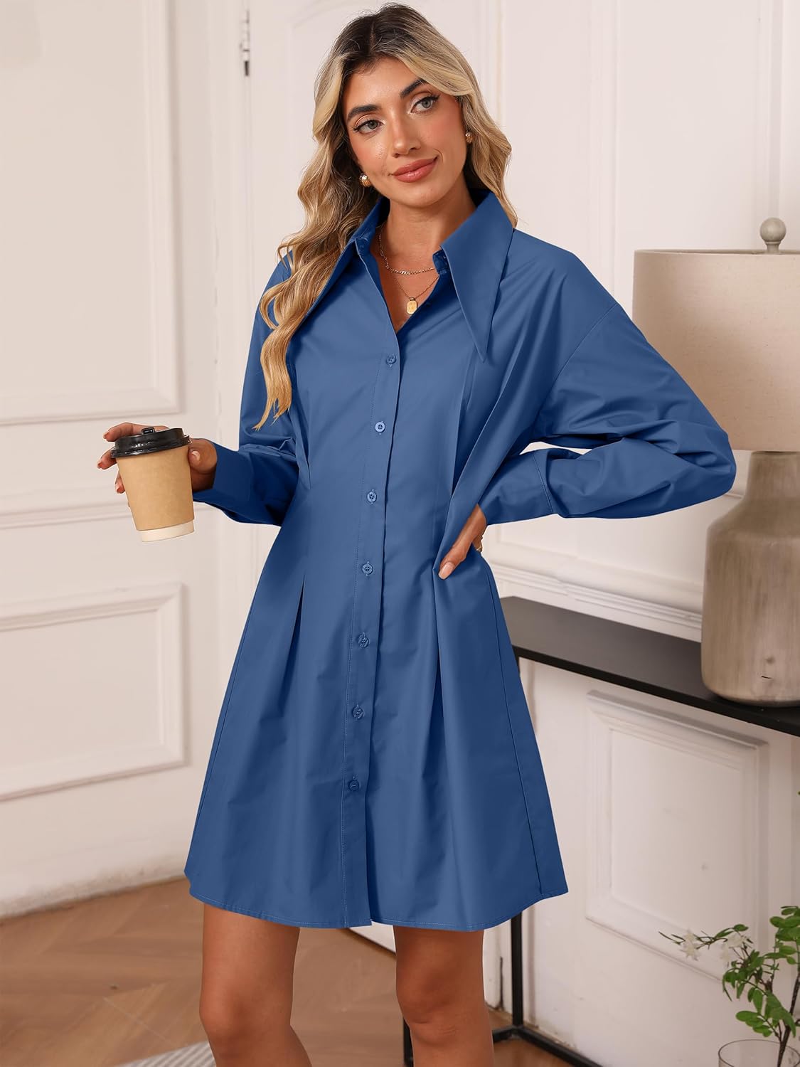 Womens Button Down Shirt Dresses Cotton Button Up Tunics Long Sleeve Solid High Low Blouse Waist Up Dress - Image 6