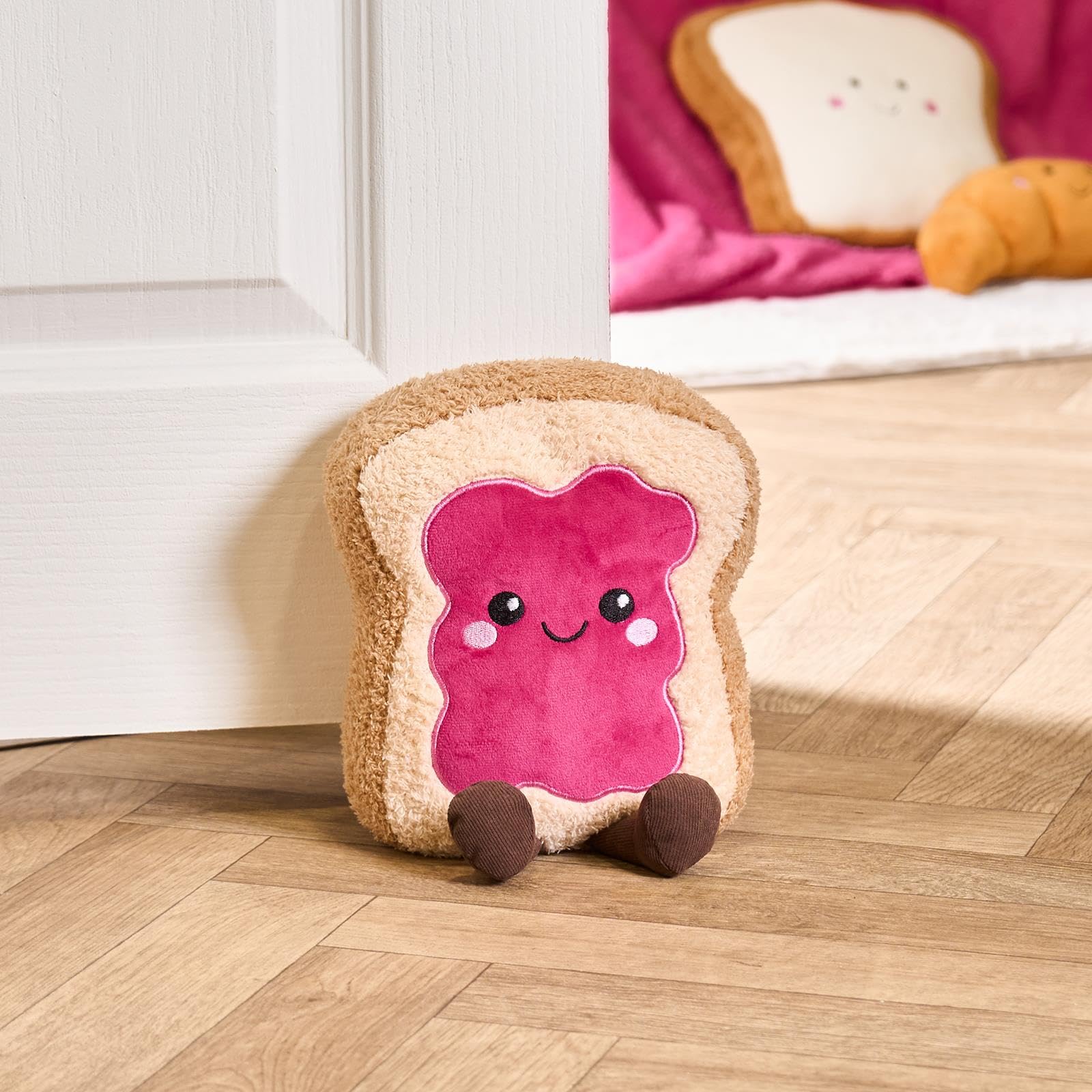 Ohs Jam Toast Fabric Door Stop, Soft Cute Decorative Door Stops For Home And Office Interior Doorstop Weighted Stuffed Doorstop Stopper Floor Decorative, Hot Pink/Natural