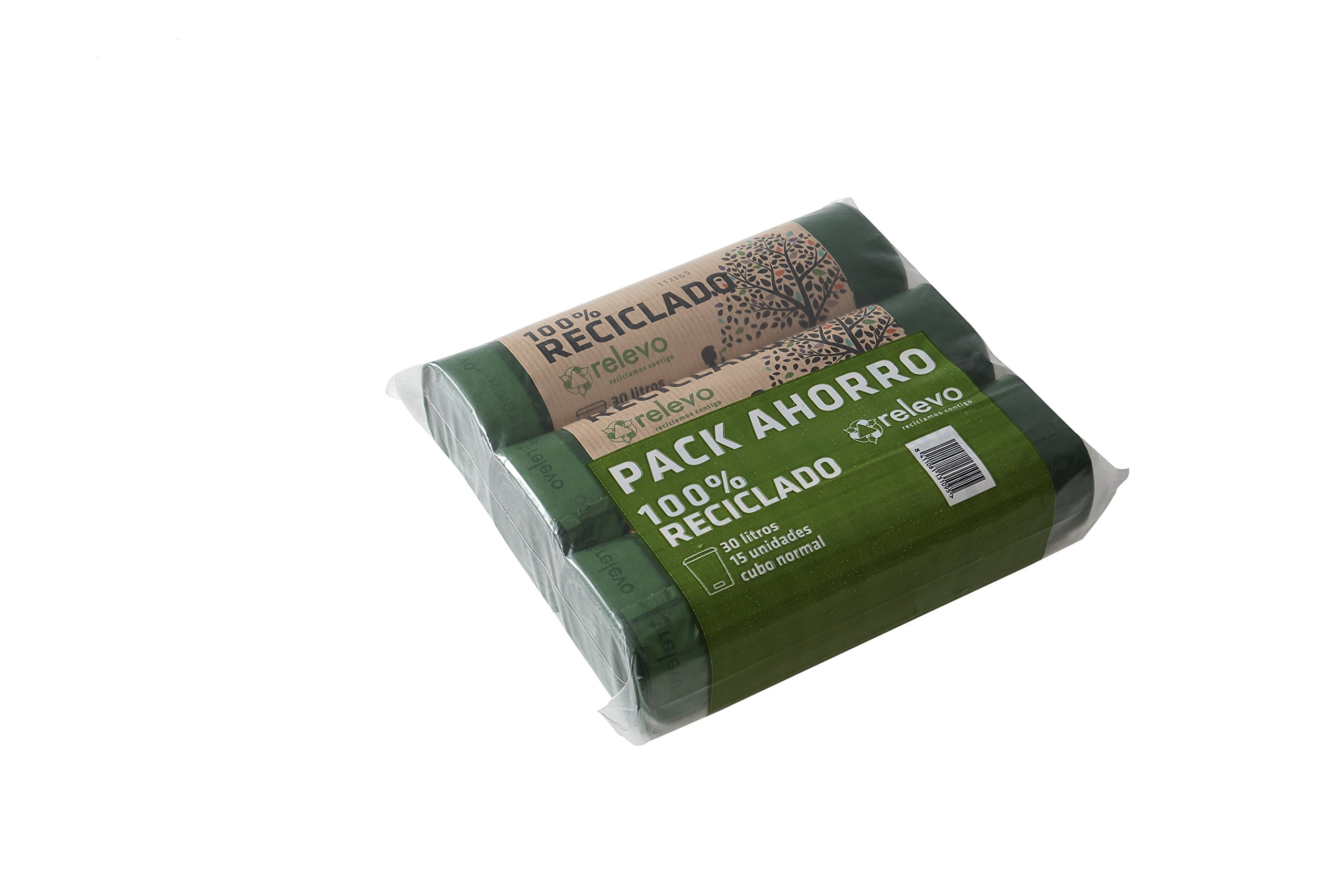 Relevo 31 crel0022 Boîte de 8 Retractiles rouleaux RELEVO sacs poubelle Recyclé avec auto-cierre de capacité 30 litres, lot de 15