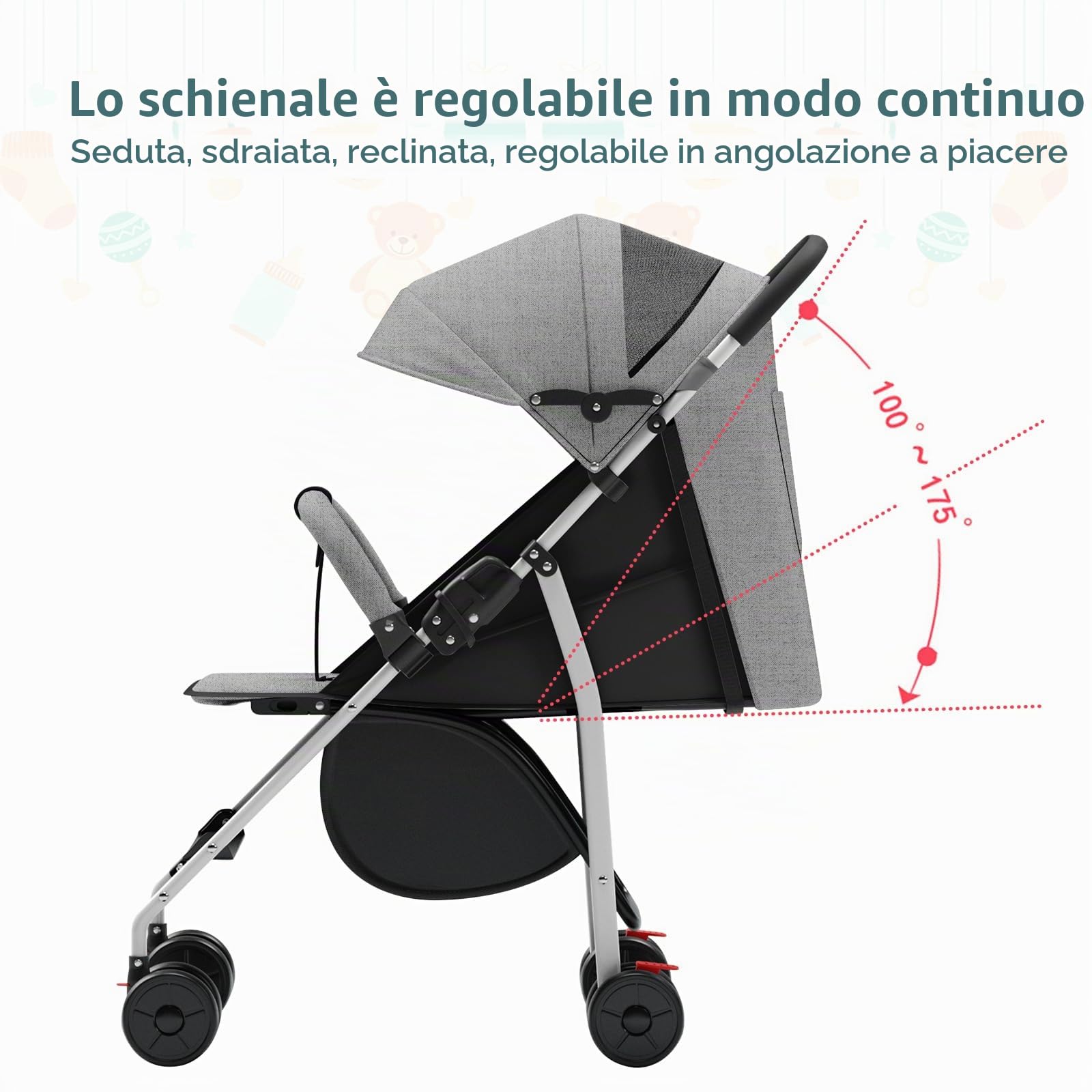Passeggino con barra di passeggio, posizione allungata, ultraleggero, zanzariera, pieghevole, impermeabile, fino a 25 kg, regolabile, imbracatura a 5 punti, passeggino da viaggio portatile e leggero