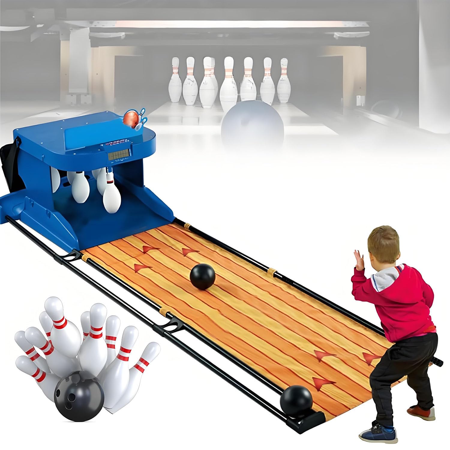 Elektronisches Bowlingspiel für Zuhause mit automatischem Reset, LED-Anzeigetafel und Soundeffekten, 2 m lange Spur für Kinder und Erwachsene, interaktiver Spaß