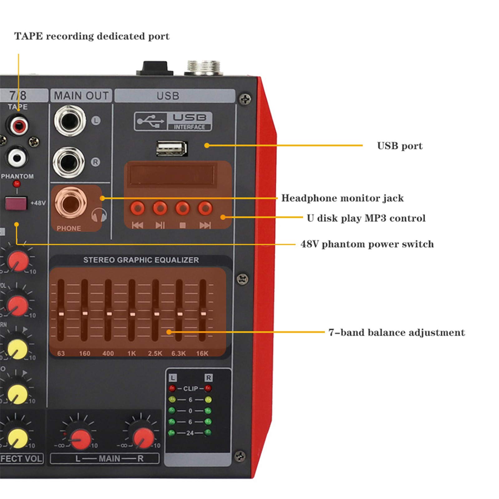 Studio-Mischpulte, Mini-USB-Schnittstellencontroller Familie KTV 4/6/8 Kanäle DJ-Audio-Mixer + 48-V-Stereo-Mixer Professioneller Bluetooth-Effekt-Mixer für kleine Bühnen,6 Way
