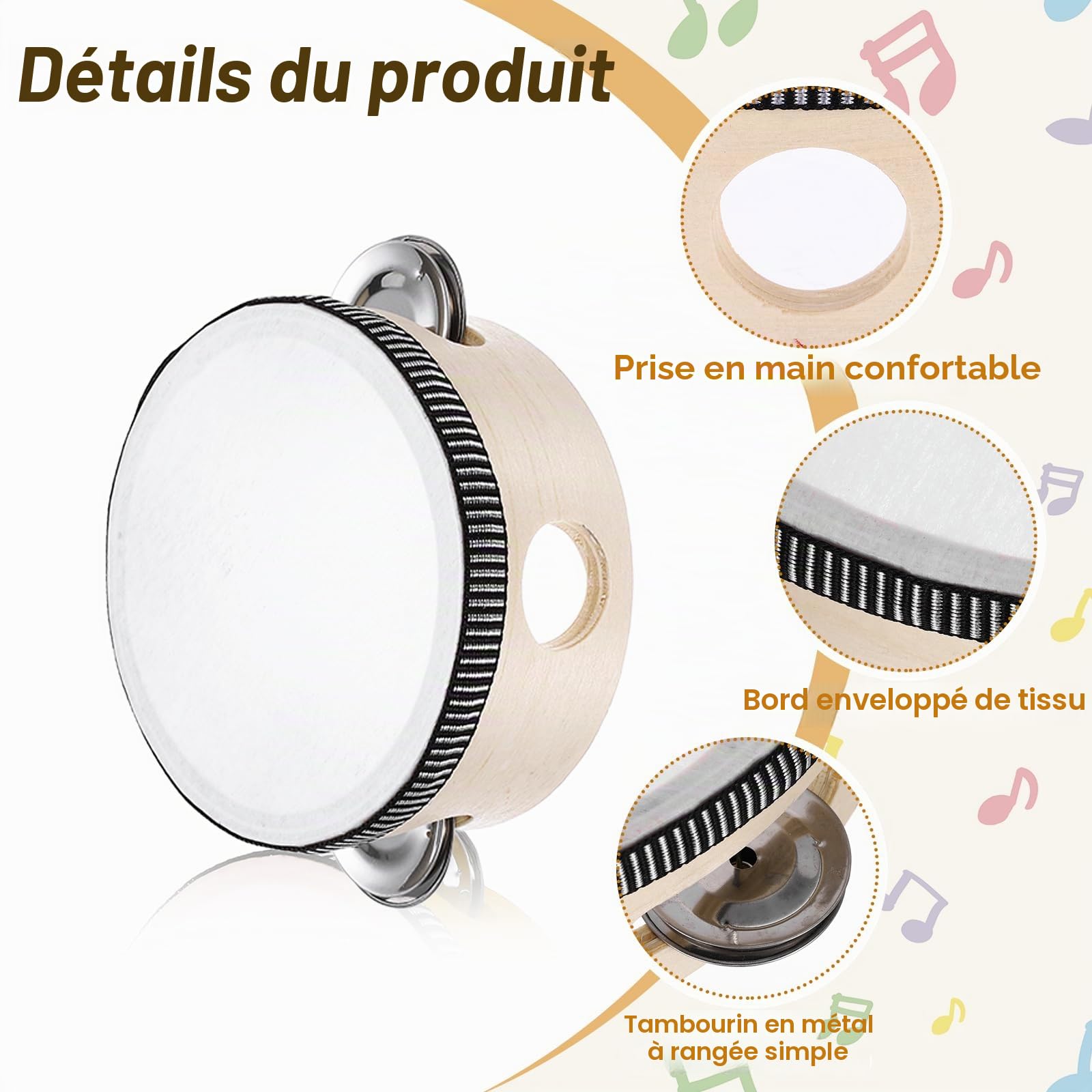 sourcing map Lot de 12 tambourins à main en bois de 10,2 cm à une rangée de tambourins en métal pour adultes, église, fête de mariage, couleur bois
