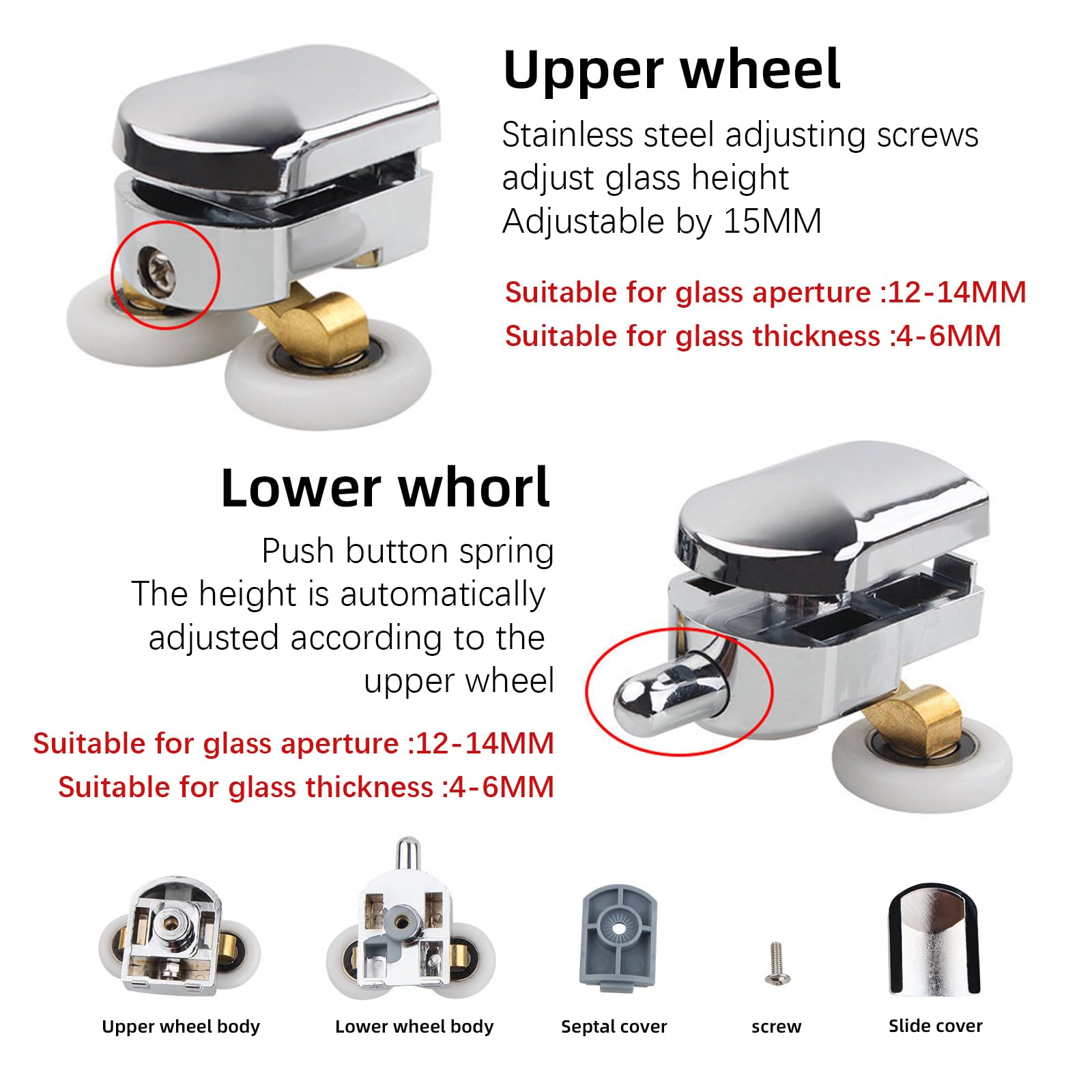 lcyen 8Pcs 25mm Curved Shower Door Rollers, Replacement Sliding Shower Door Runners Wheels with Anti-Collision Block and Screws for 4-6mm Glass Shower Enclosure Accessories - Image 4