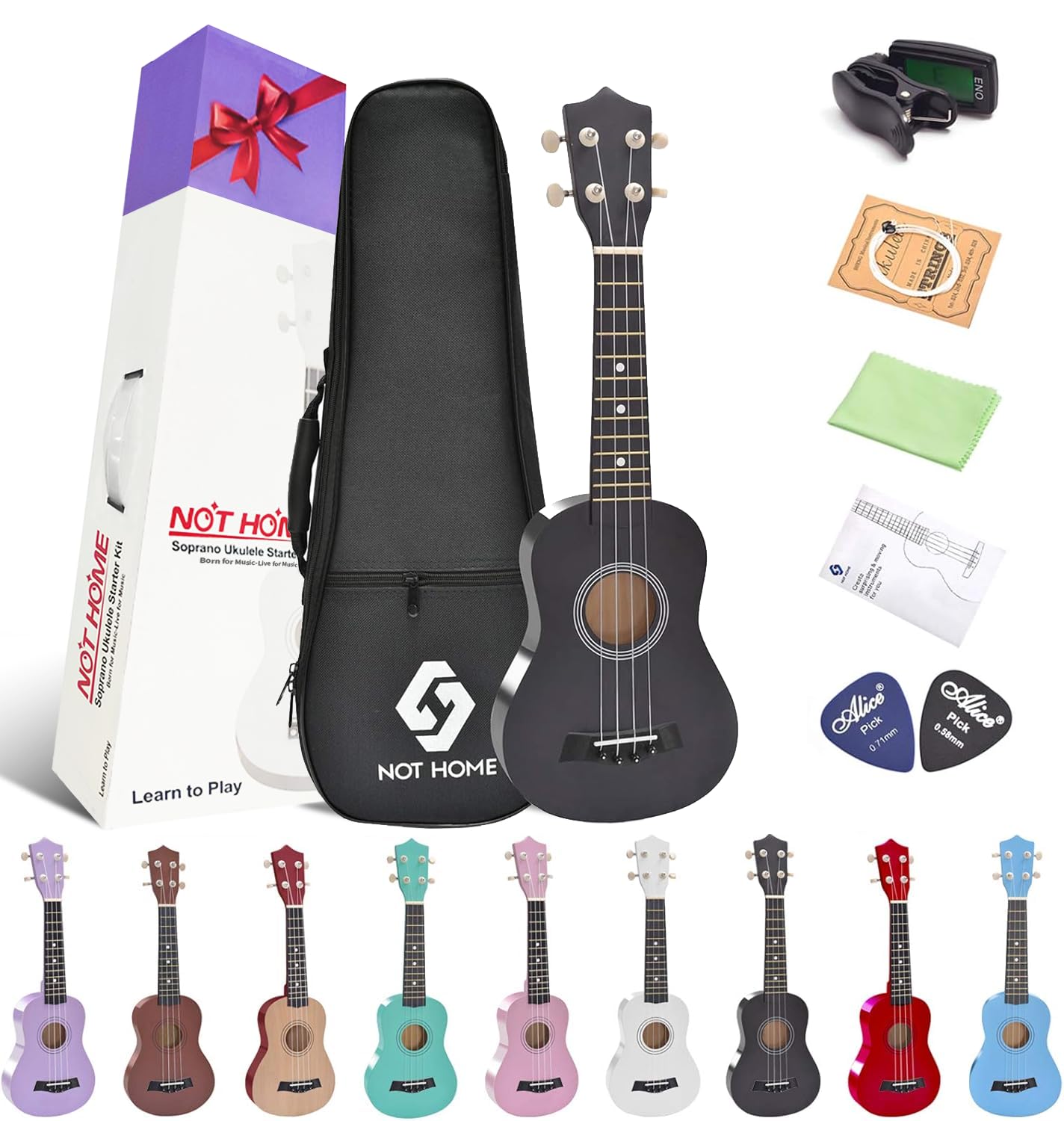 Soprano Ukulele Beginner Pack, 21 Inch Basswood kids Ukuleles Starter Kit with Gig Bag Digital Tuner Spare Strings and Picks. (black)