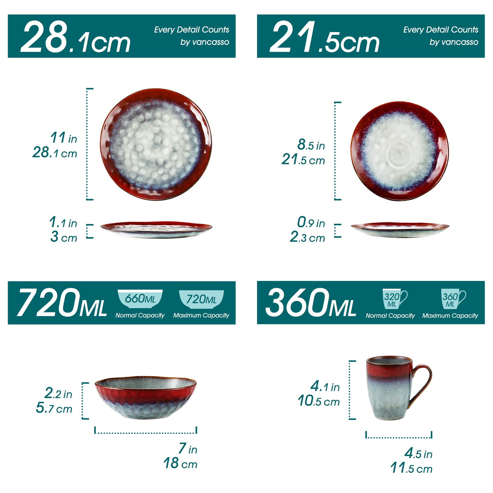 Zestaw naczyń, Reactive Glaze Dinnerware Tableware, 16-elementowy serwis obiadowy z 11-calowym talerzem obiadowym, 8-calowym talerzykiem deserowym, 7-calową miską i kubkiem 330 ml, serwis dla 4 osób(R