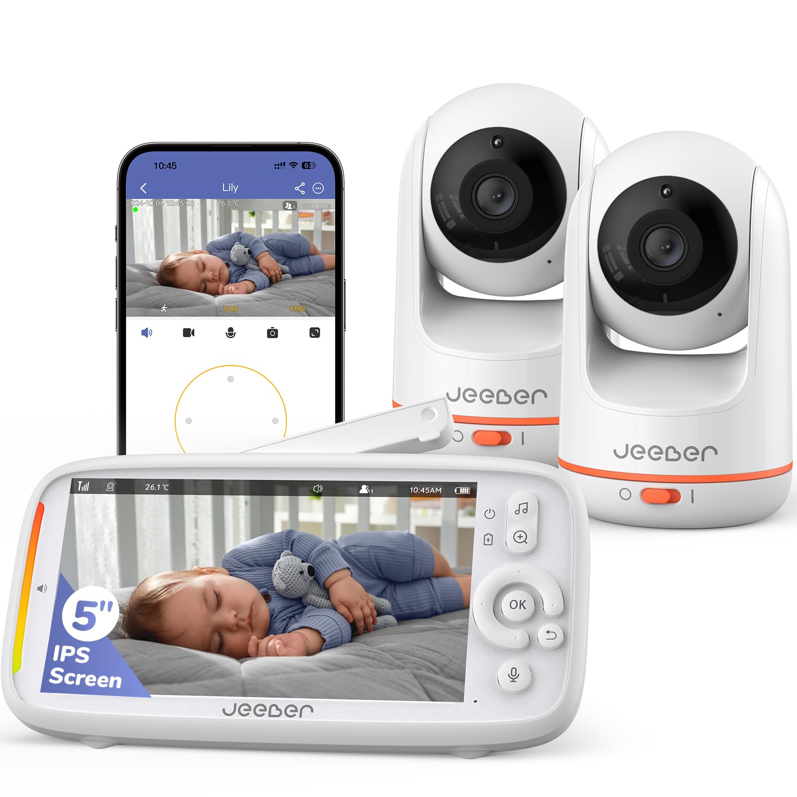 jeeber Babyphone mit 2 Kamera und APP, 2K/3MP, 360°, 5" WLAN Video Babyfone, HDR-Nachtsicht, 2.4GHz WiFi ONLY, Weinen/Bewegungs/Geräusch-Erkennung, Temperaturanzeige, hohe Reichweite, Bereich alarme
