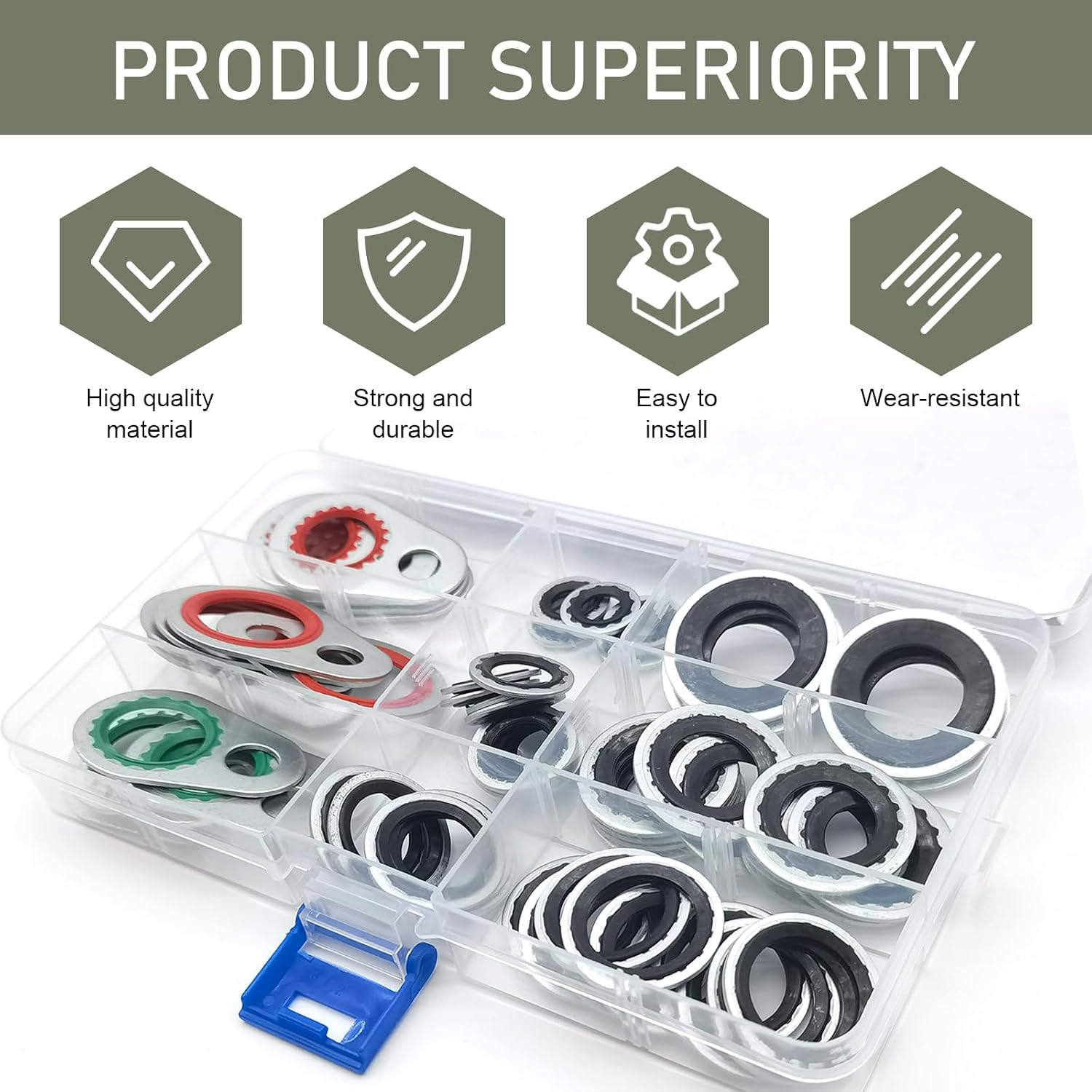 60PCS A/C System Compressor Gasket Seals, 9 Sizes A/C O Ring Assortment Kit, Car Air Conditioning Compressor Port Seal Washer Kit, Bonded Replacement Seal Gasket Kit