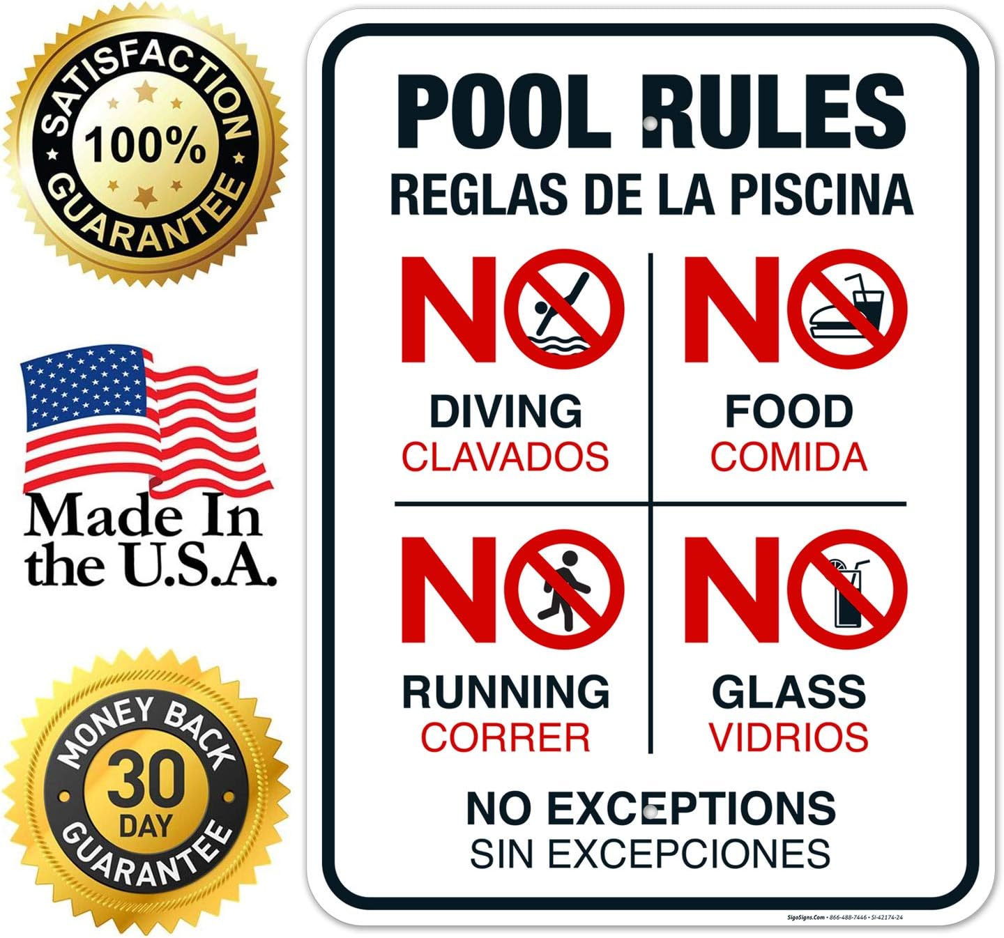 Bilingual Pool Rules Sign, No Diving No Running No Food No Glass, 18x24 Inches, Rust Free .063 Aluminum, Fade Resistant, Easy Mounting, Indoor/Outdoor Use, Made in USA