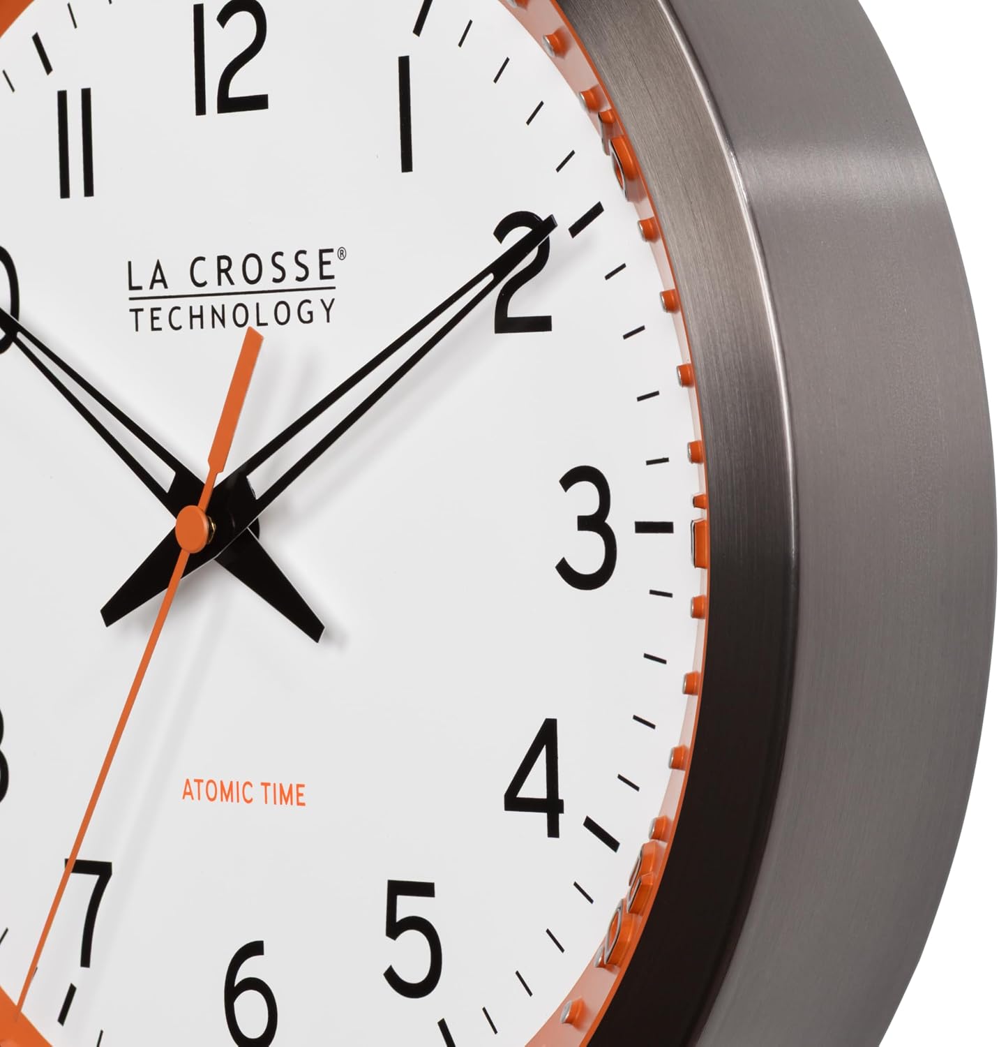 La Crosse Technology 404-87696-INT 10 inch Orange Chapter Ring Stainless Steel Atomic Analog Wall Clock