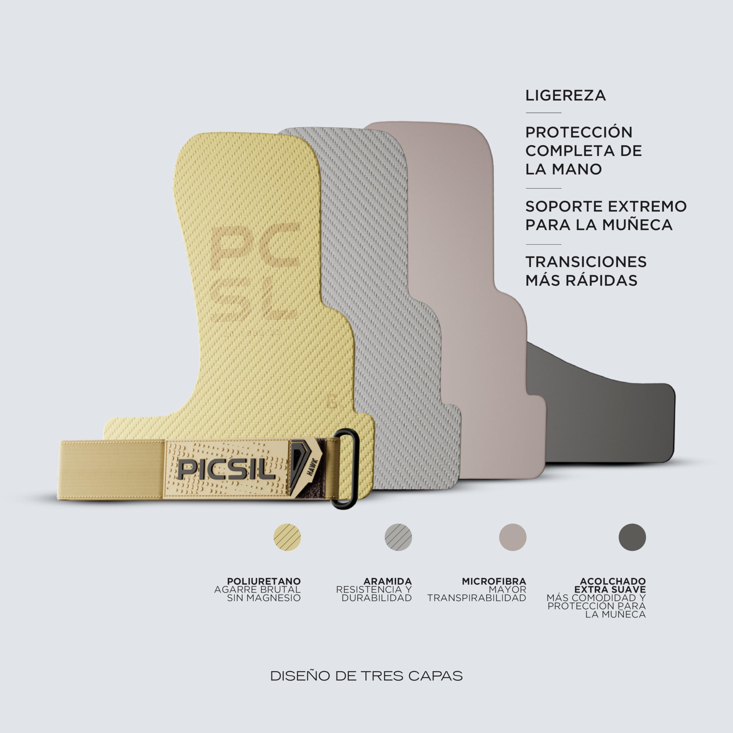 PICSIL Hawk Grips - Calleras Sin Magnesio, Agarre en Barras Limpias, Triple Capa, Incluye Muñequeras y Bolsa Transpirable — view 3